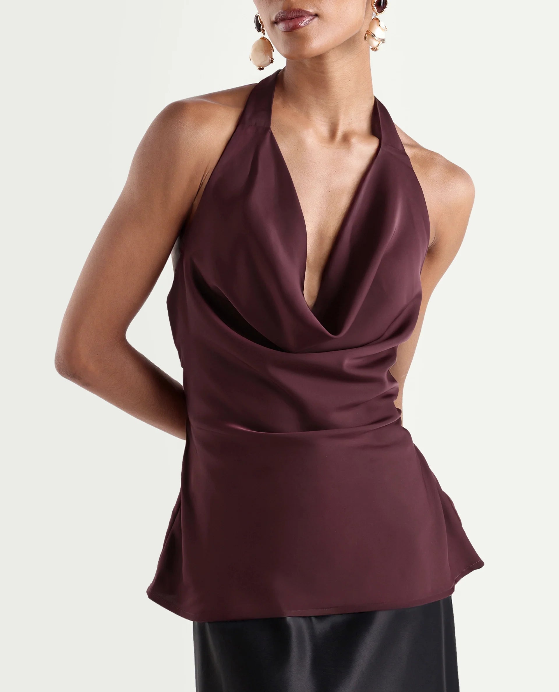 Rareism Women's Petzy Dark Maroon Polyester Cowl Neck Tie-Up Regular Plain Top