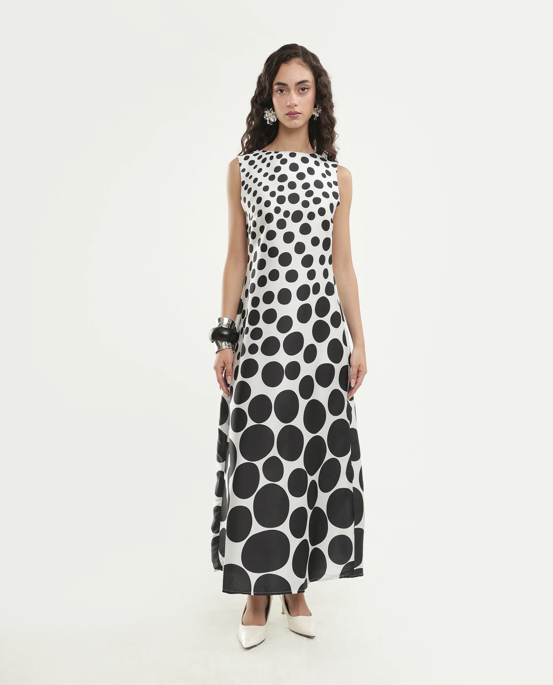 Rareism Women's Polko White Polyester Boat Neck Button And Zip Fitted Polka Print Dress