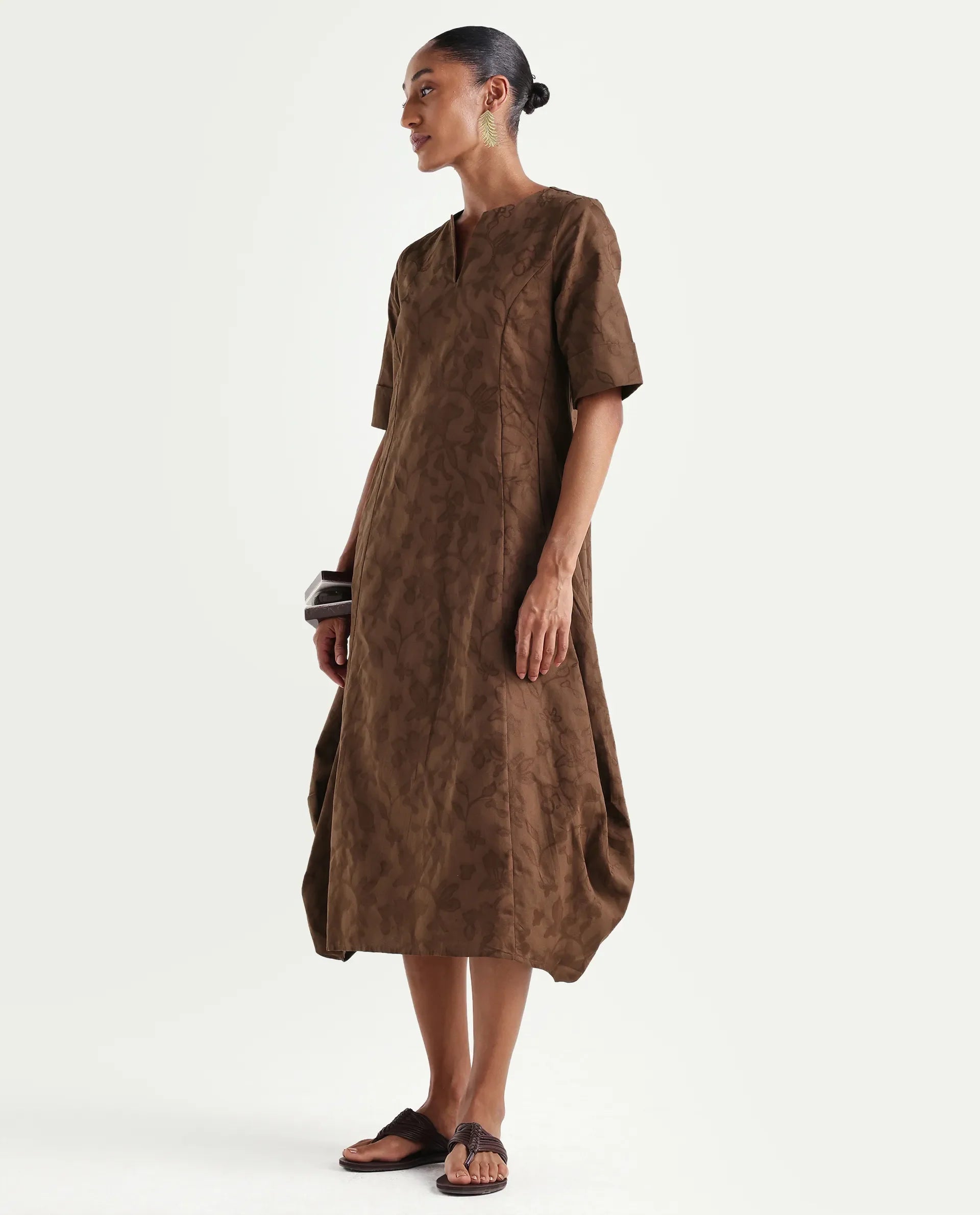 Rareism Women's Ranlin Brown Cotton Crew Neck Regular Jacquard Dress
