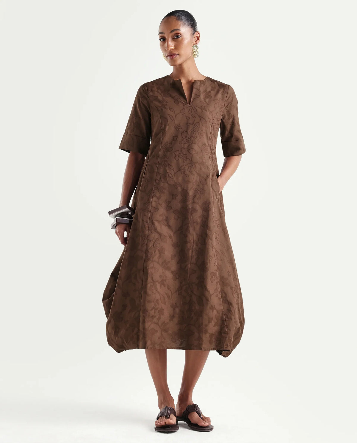 Rareism Women's Ranlin Brown Cotton Crew Neck Regular Jacquard Dress