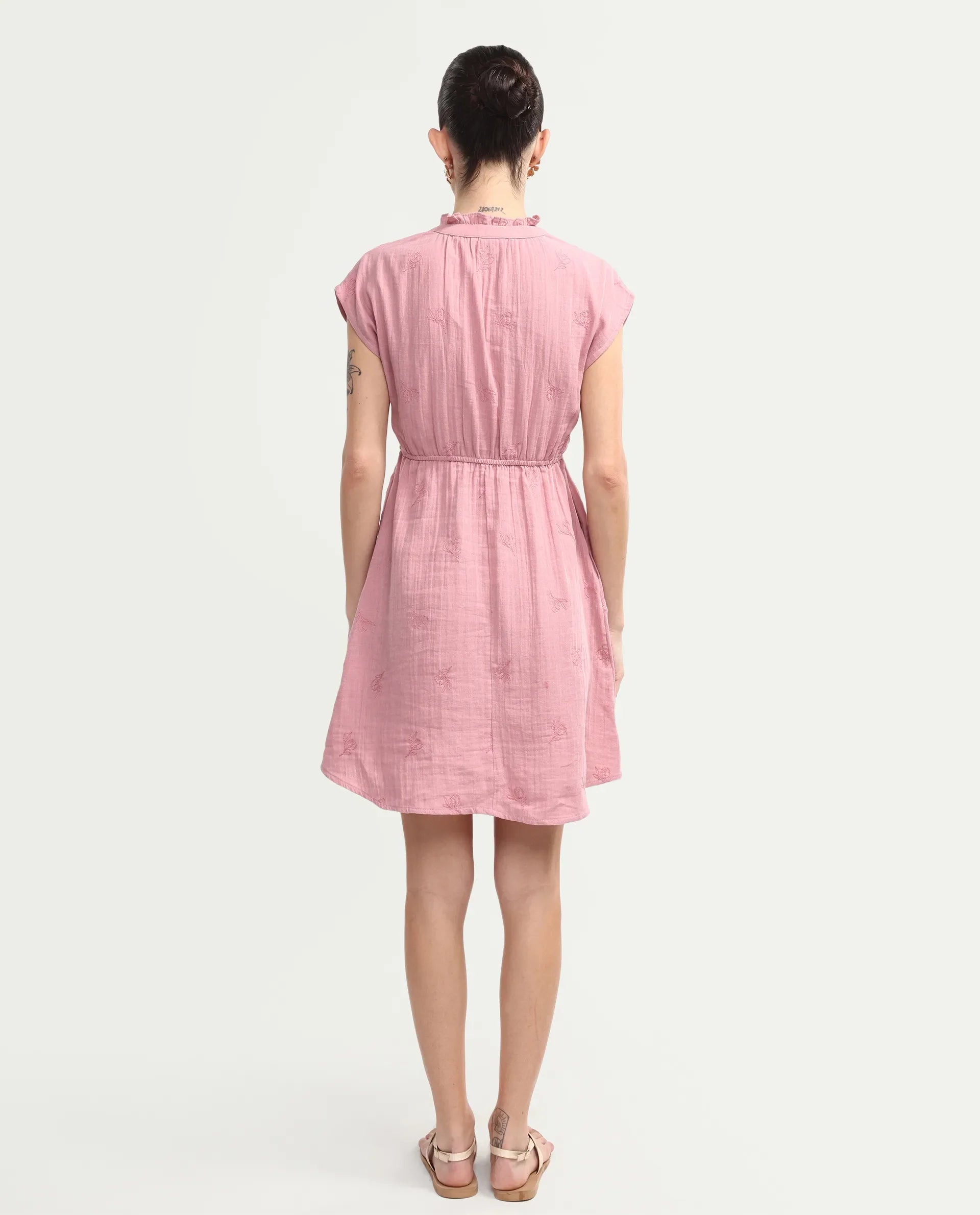 Rareism Women's Rudum Dusky Pink Cotton Ruffled Neck Fit And Flare Plain Dress