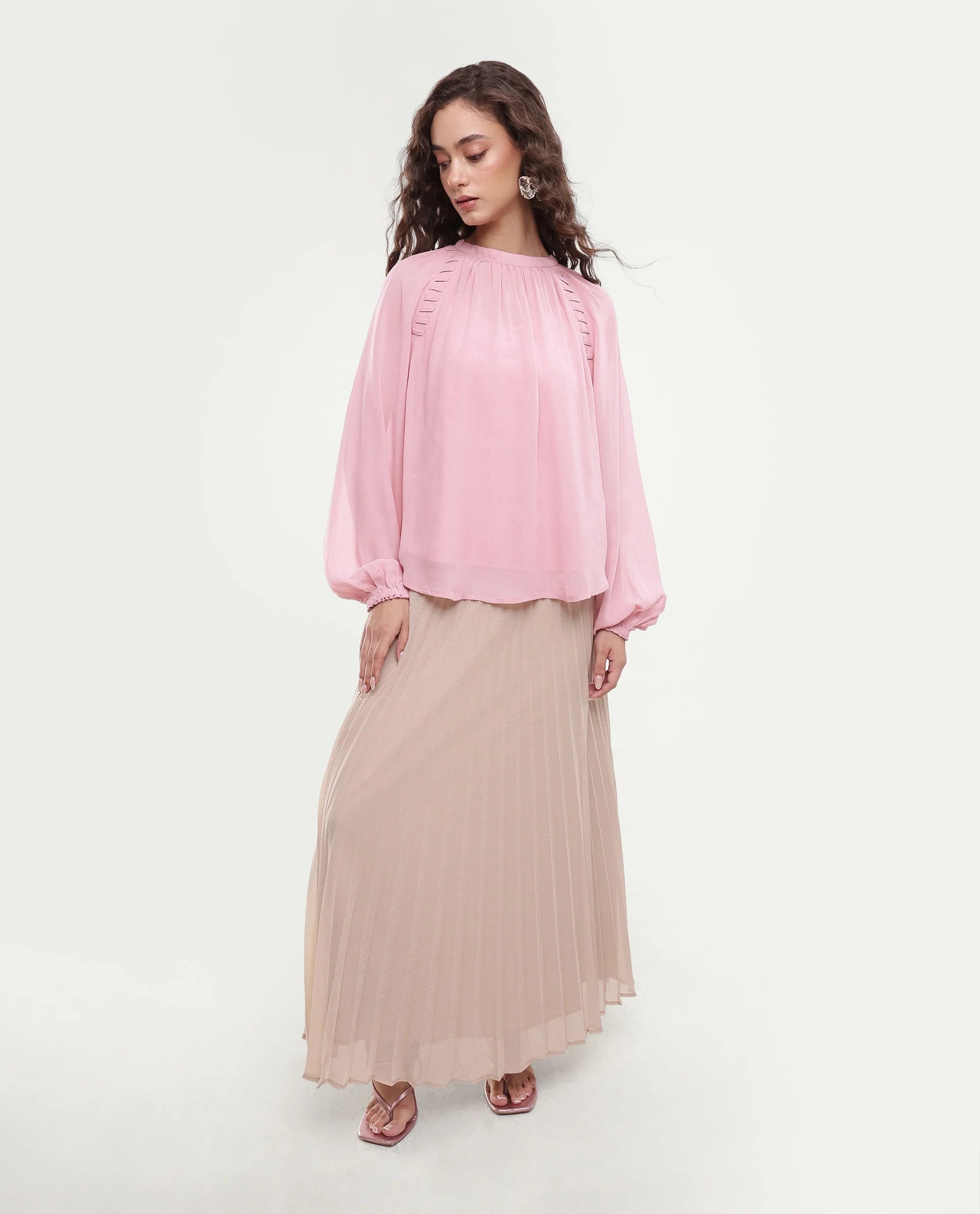 Rareism Women's Rumor Pastel Pink Viscose Fabric Band Collar Oversized Plain Top