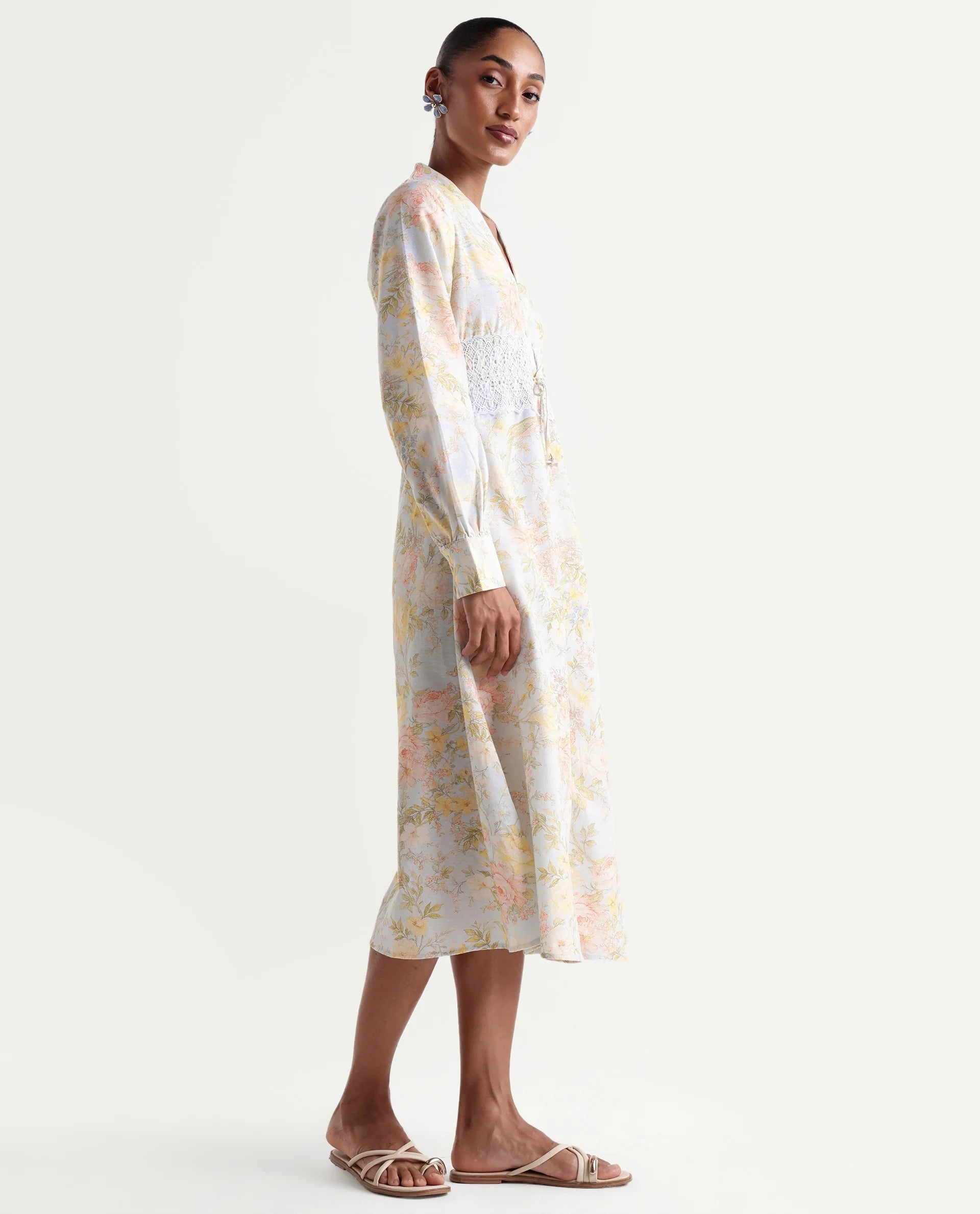 Rareism Women's Rurin Pastel Blue Viscose Blend Built-Up A-Line Floral Print Dress