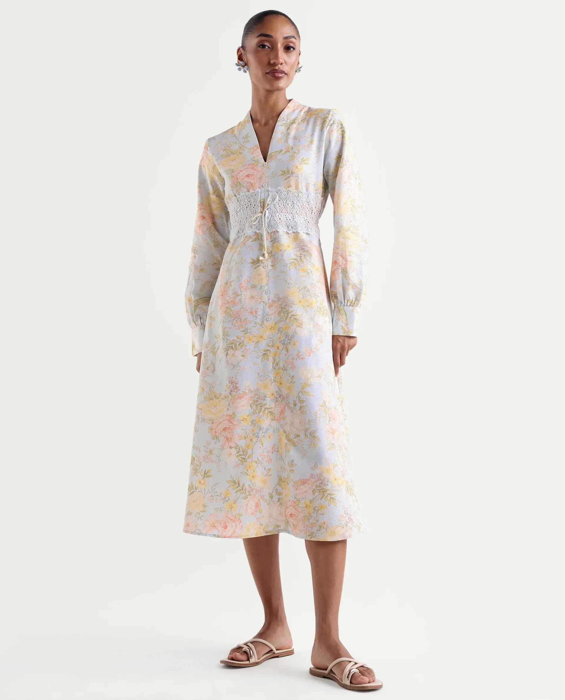 Rareism Women's Rurin Pastel Blue Viscose Blend Built-Up A-Line Floral Print Dress