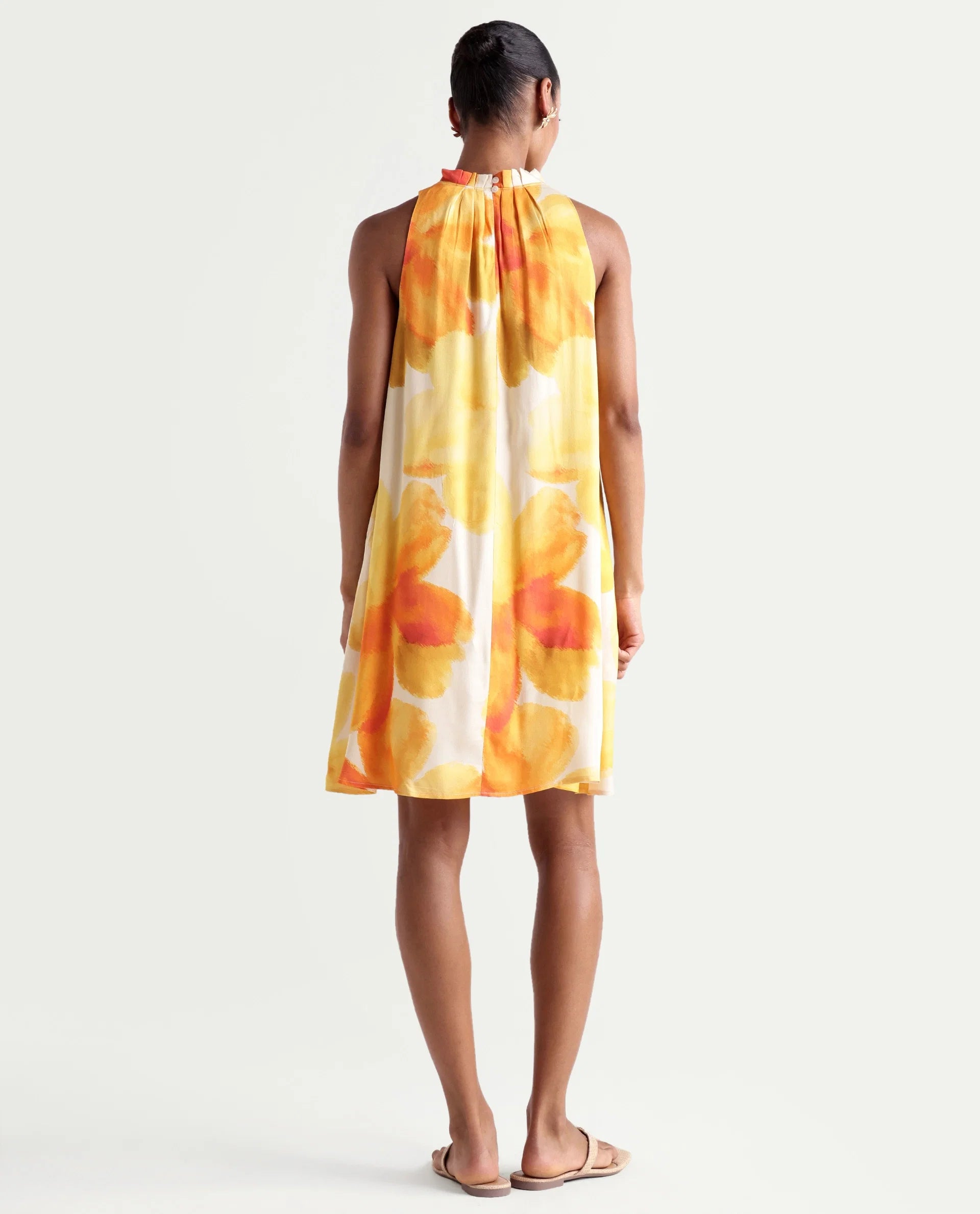 Rareism Women's Rusin Yellow Viscose Halter Neck A-Line Floral Print Dress