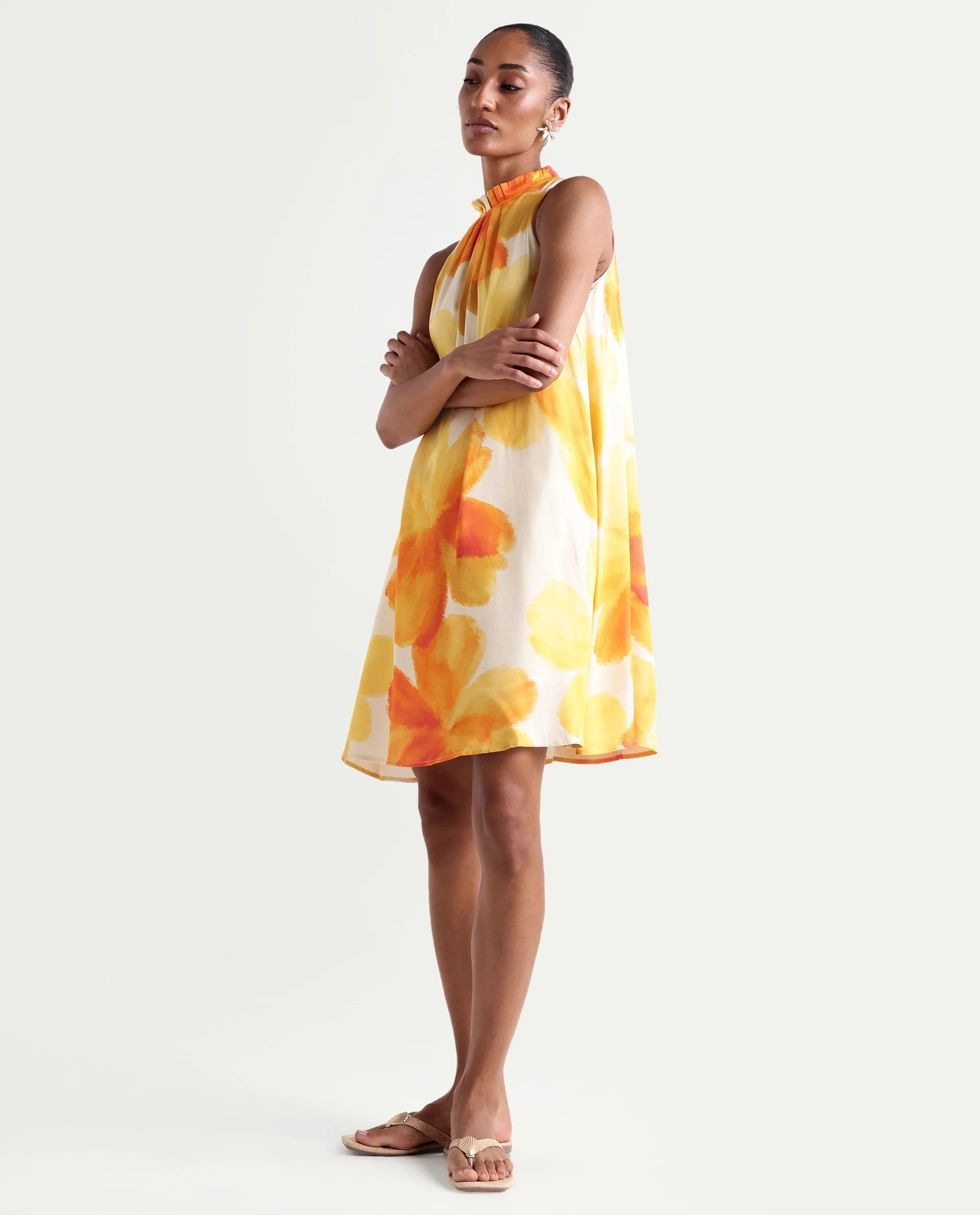 Rareism Women's Rusin Yellow Viscose Halter Neck A-Line Floral Print Dress