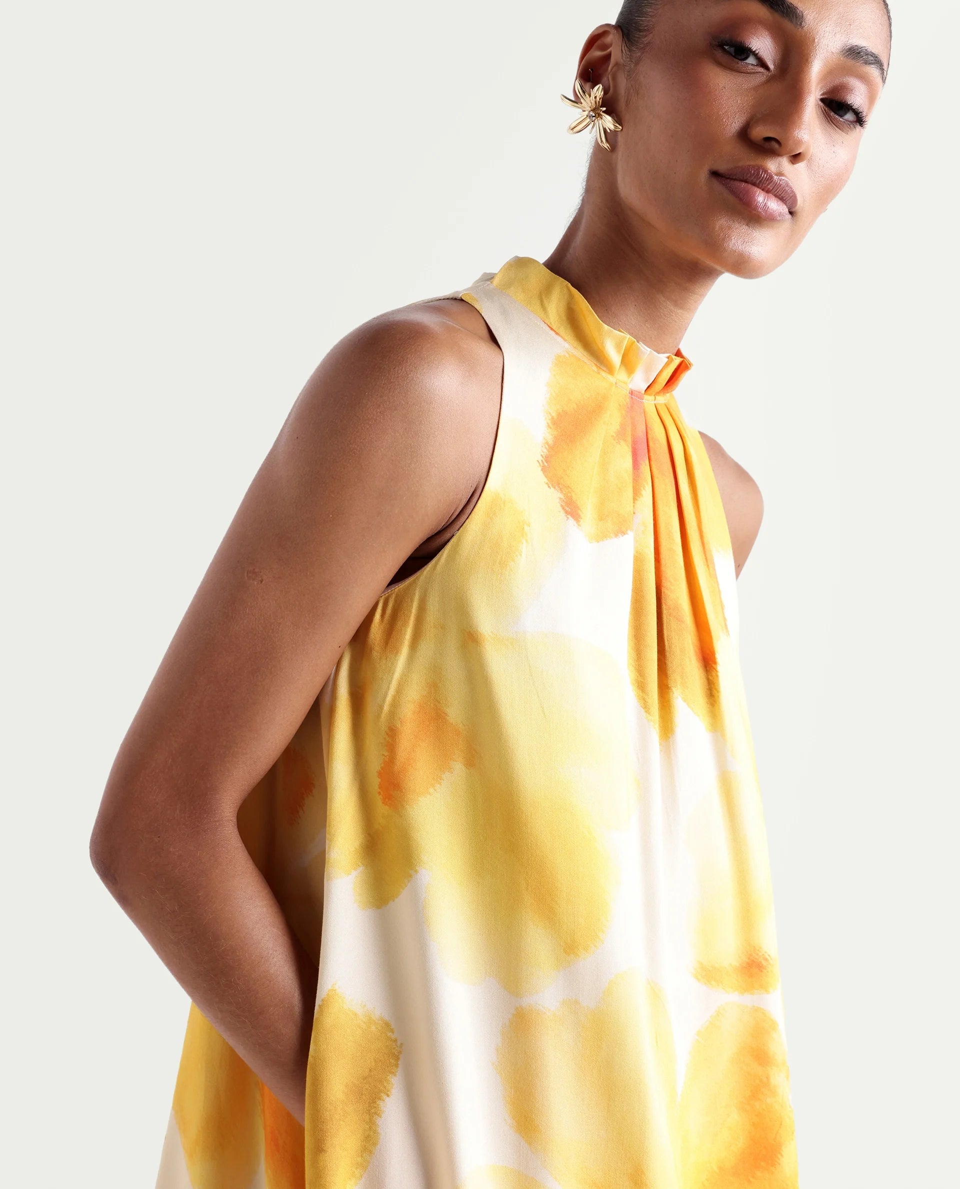 Rareism Women's Rusin Yellow Viscose Halter Neck A-Line Floral Print Dress