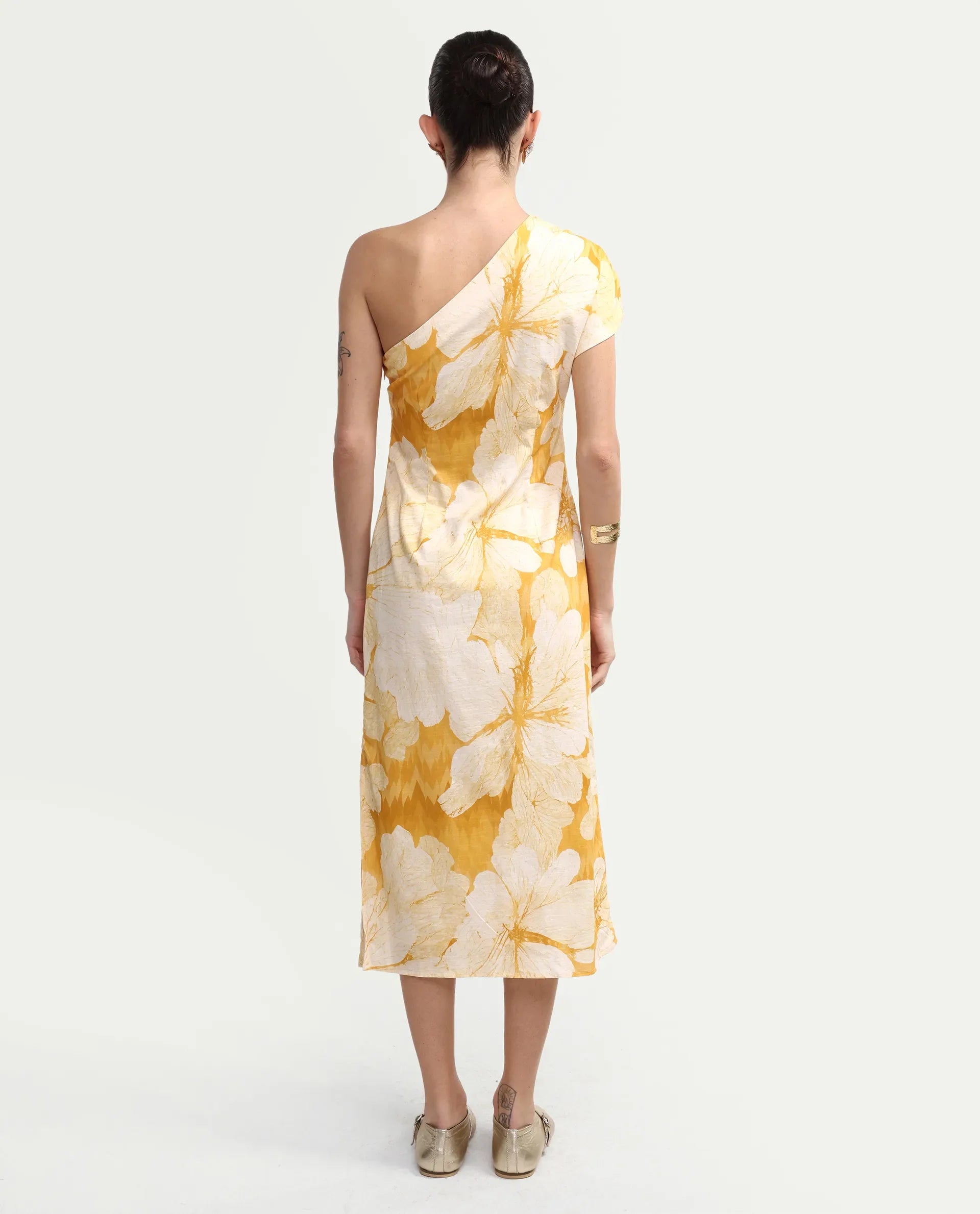 Rareism Women's Rusli Mustard Cotton One Shoulder Fitted Floral Print Dress