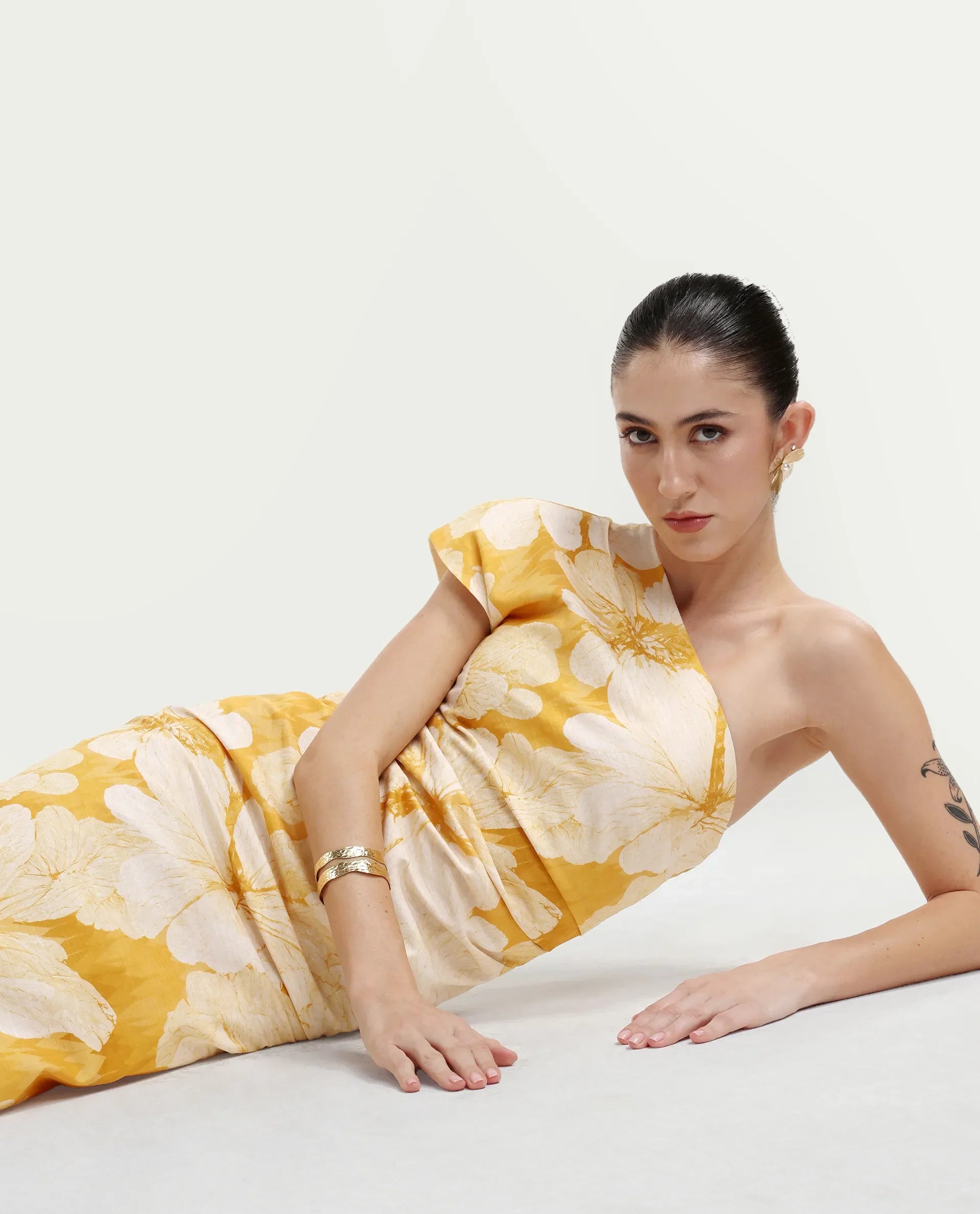 Rareism Women's Rusli Mustard Cotton One Shoulder Fitted Floral Print Dress