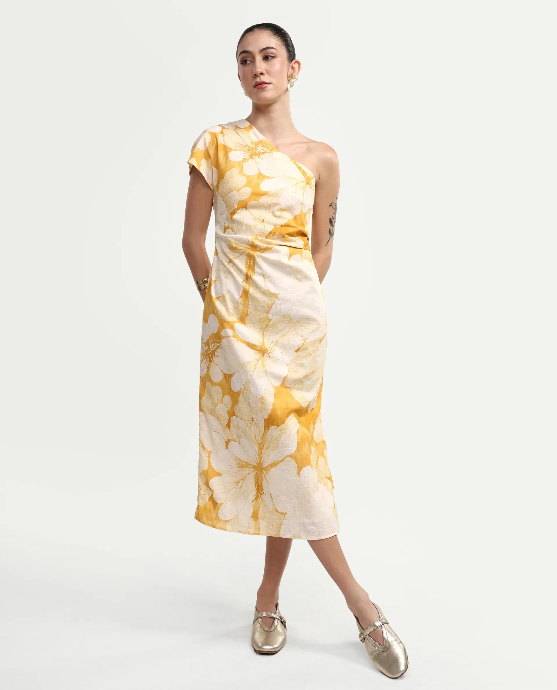 Rareism Women's Rusli Mustard Cotton One Shoulder Fitted Floral Print Dress