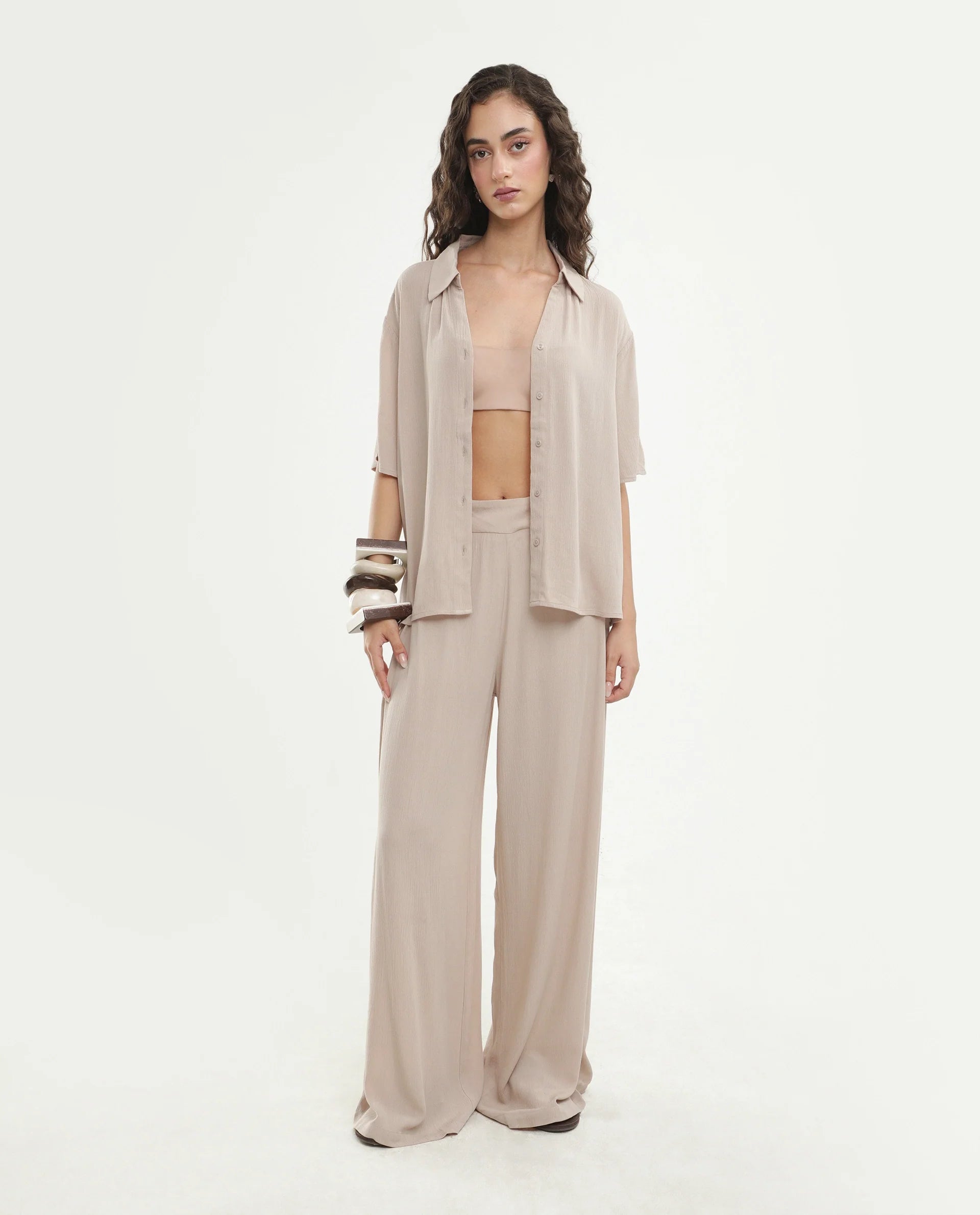 Rareism Women's Vaxon-B Beige Viscose Fabric Ankle length Wide Leg Plain Trouser