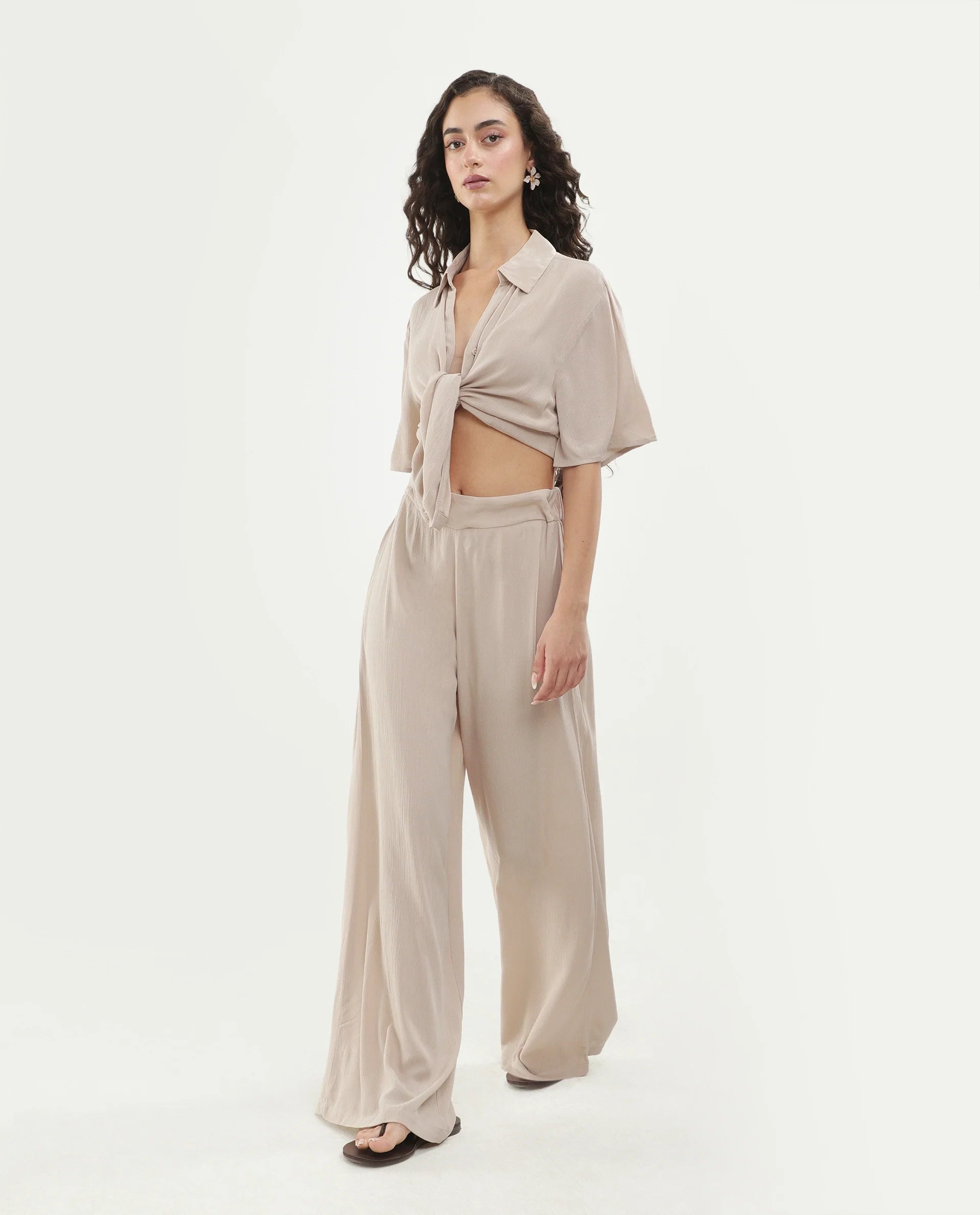 Rareism Women's Vaxon-B Beige Viscose Fabric Ankle length Wide Leg Plain Trouser