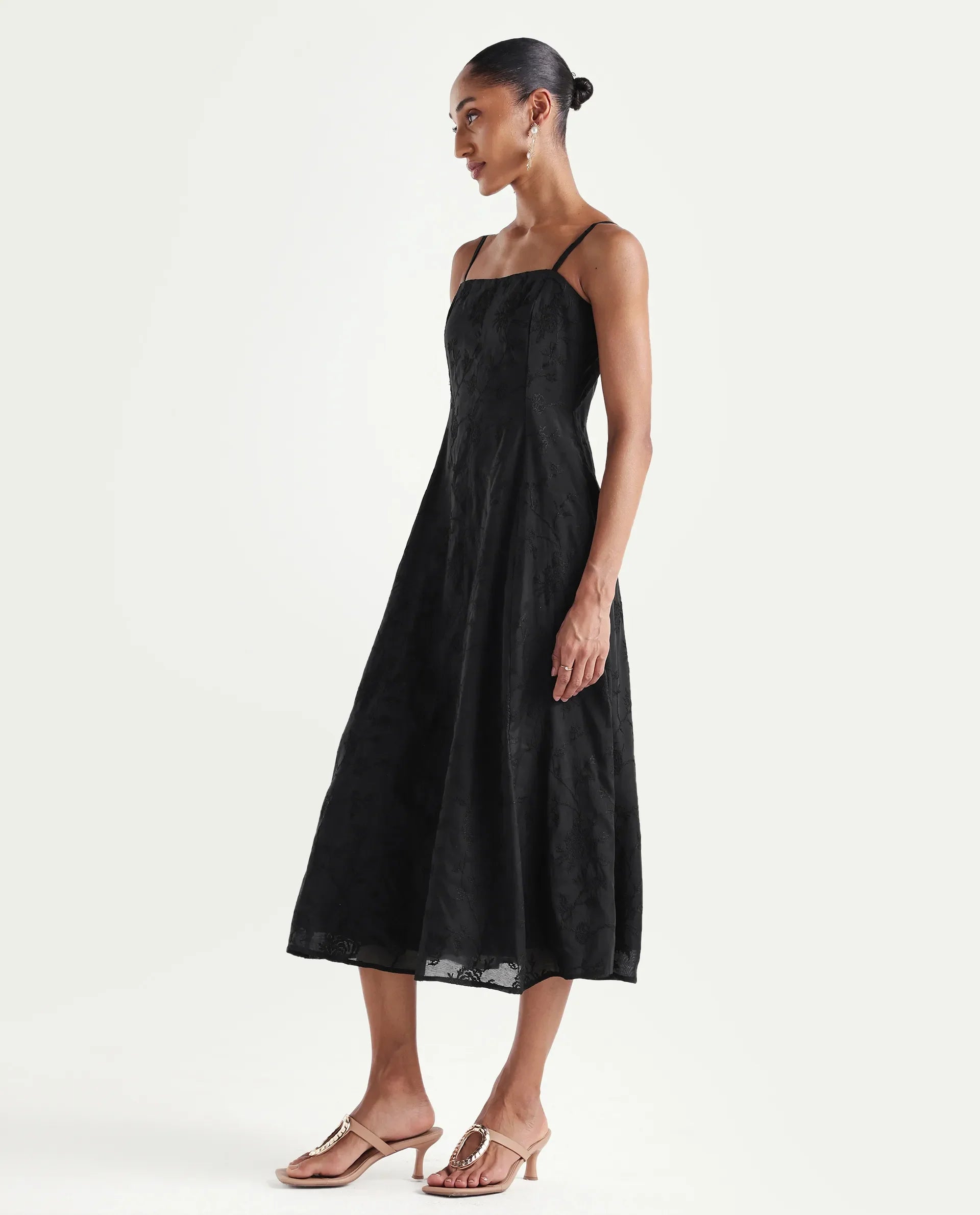 Rareism Women's Trini Dark Black Viscose Fit And Flare Plain Dress