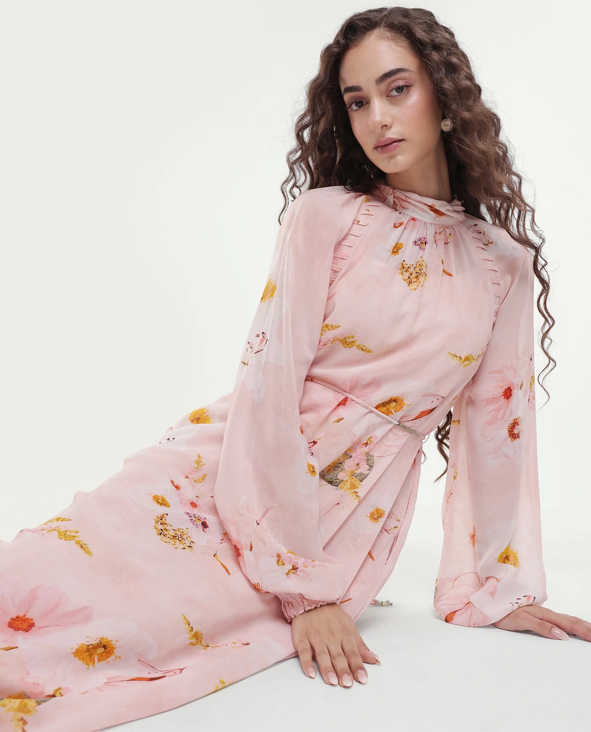 Rareism Women's Rumink Pastel Pink Viscose Band Collar Button A-Line Printed Dress