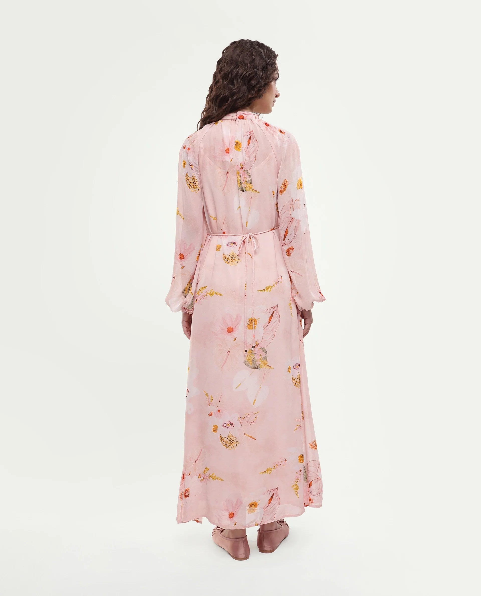 Rareism Women's Rumink Pastel Pink Viscose Band Collar Button A-Line Printed Dress