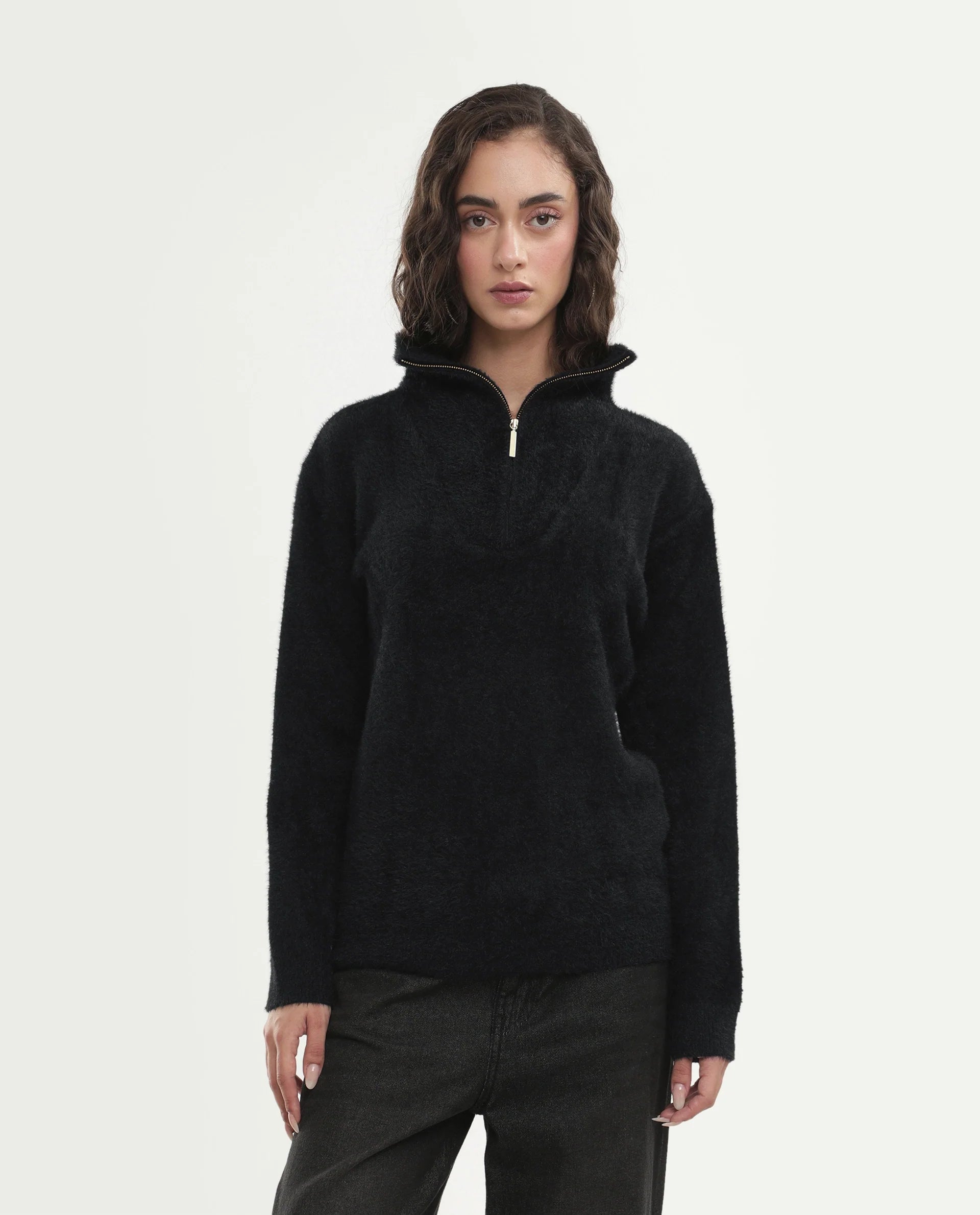 Rareism Women's Asseraw26 Black Nylon Blend Johnny Collar Relaxed Fit Plain Sweater