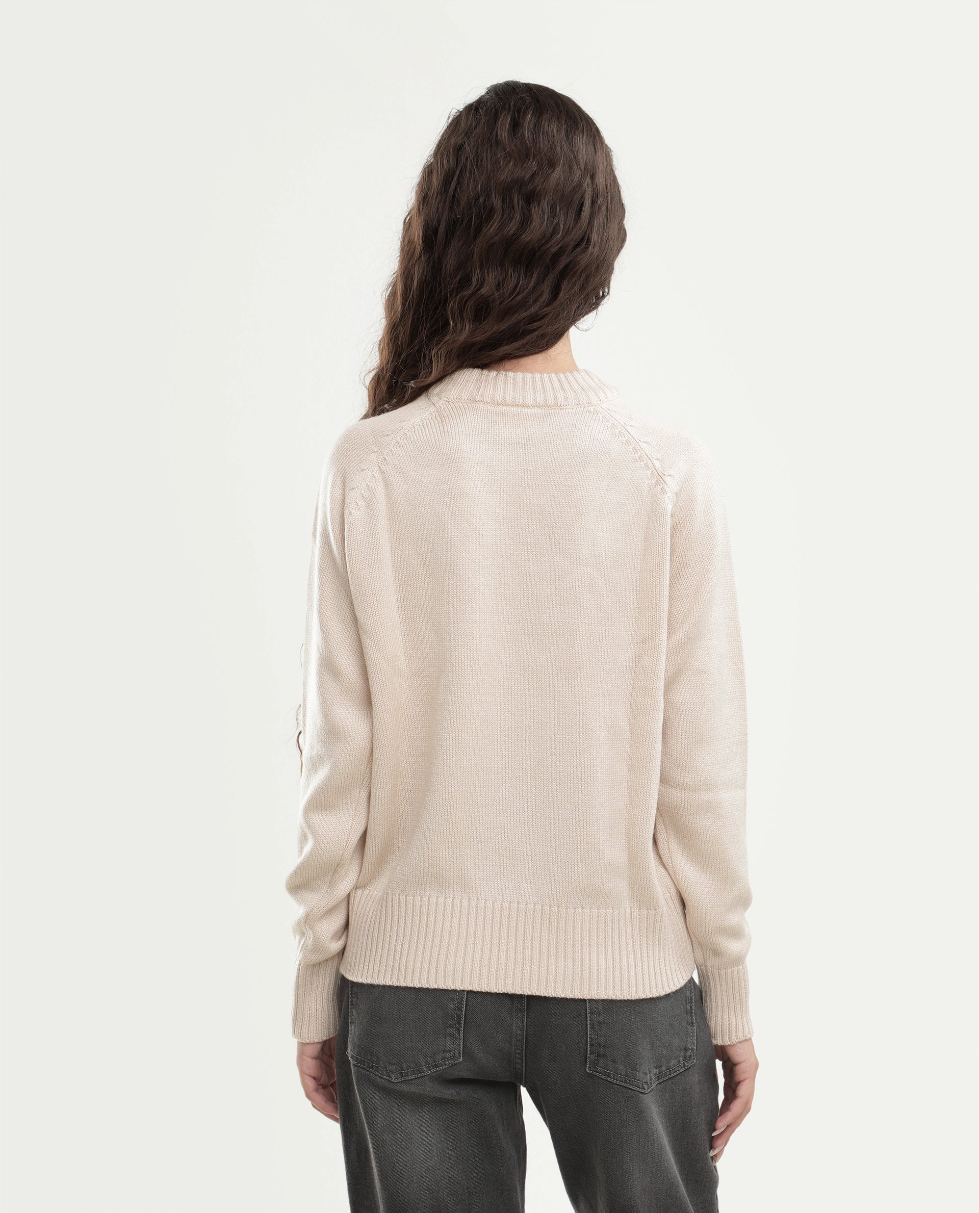 Rareism Women's Mitso Light Beige Acrylic Crew Neck Relaxed Fit Plain Sweater