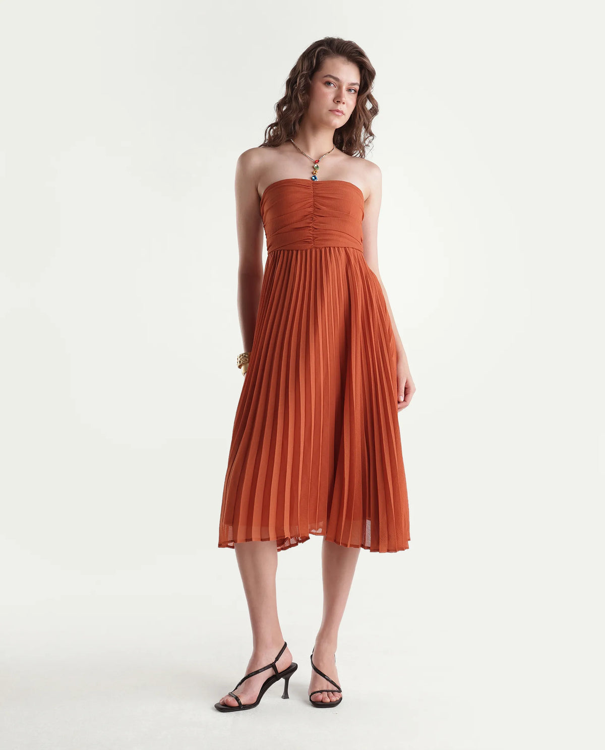 Rareism Women's Gilt Rust Polyester Elastic Fit And Flare Dress