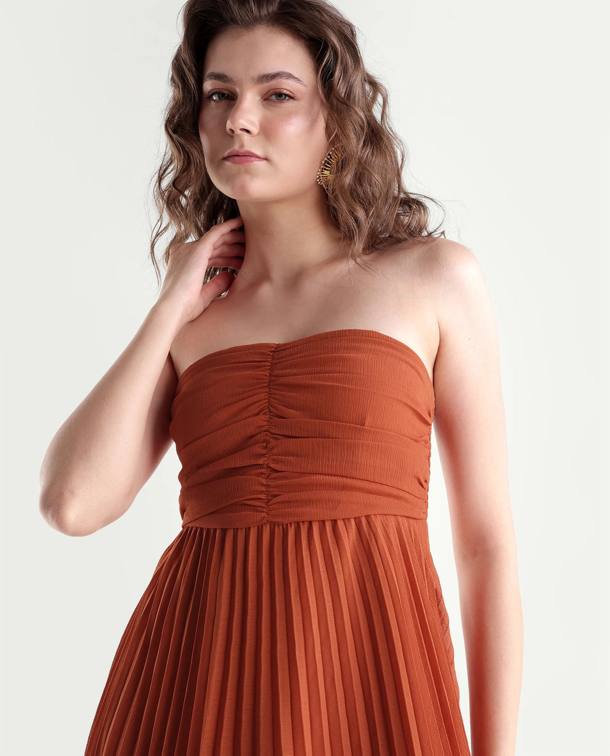 Rareism Women's Gilt Rust Polyester Elastic Fit And Flare Dress