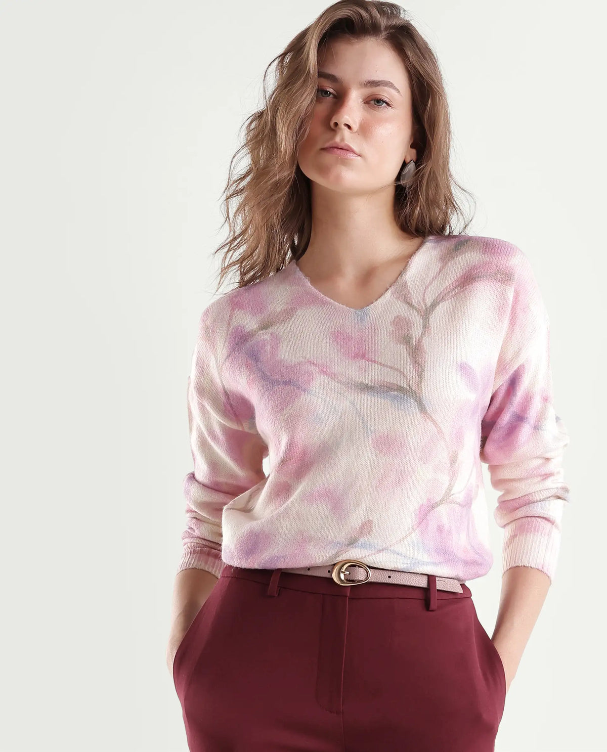 Rareism Women's Loer Light Multi Acrylic Blend Pull-On Relaxed Fit Floral Print Sweater