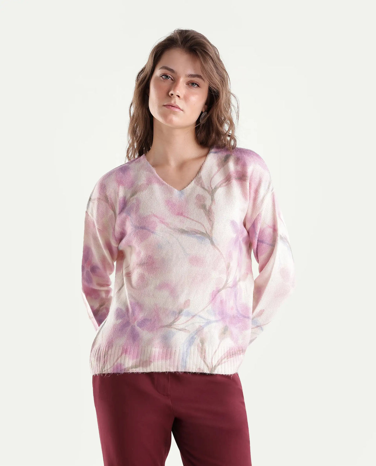 Rareism Women's Loer Light Multi Acrylic Blend Pull-On Relaxed Fit Floral Print Sweater