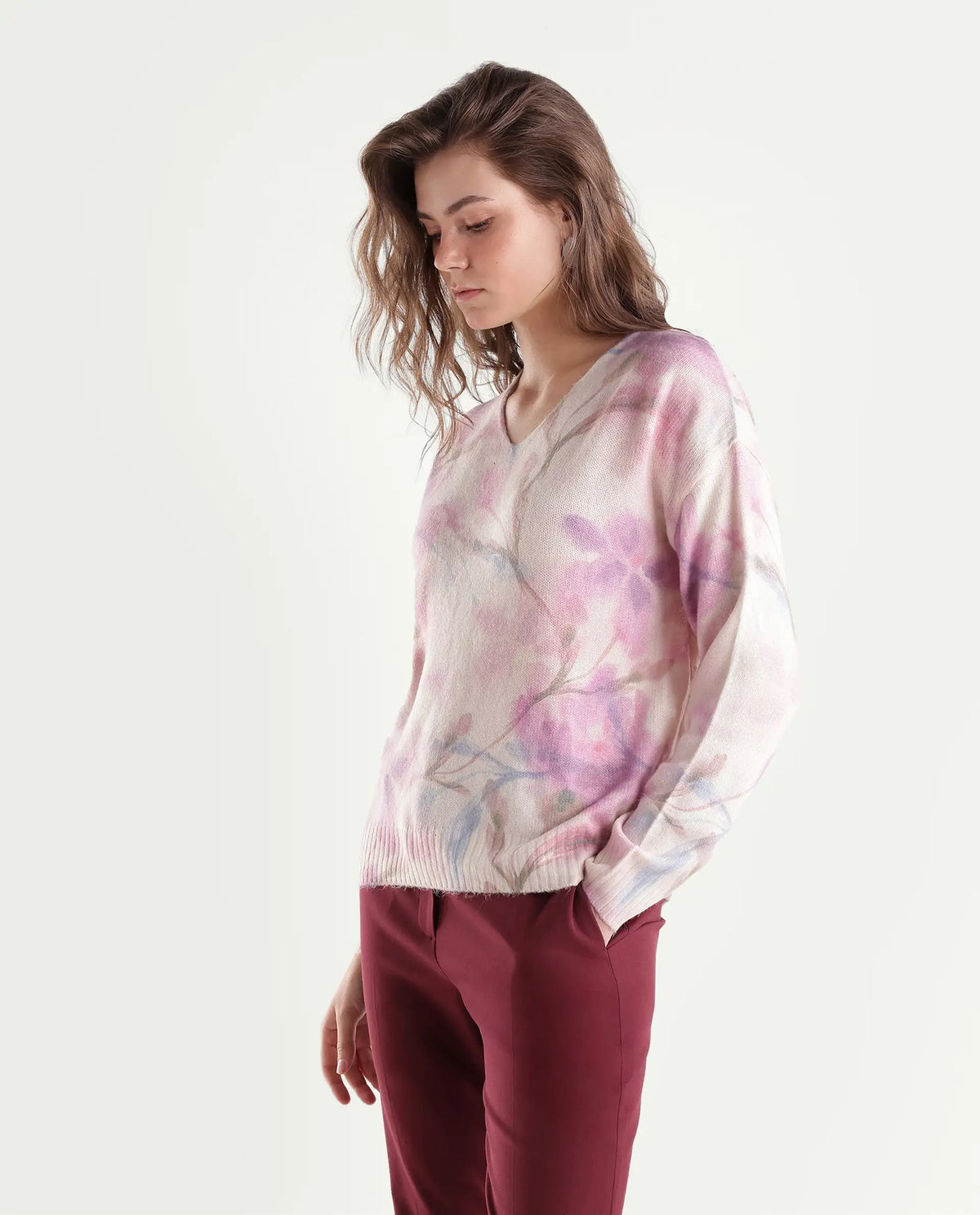 Rareism Women's Loer Light Multi Acrylic Blend Pull-On Relaxed Fit Floral Print Sweater