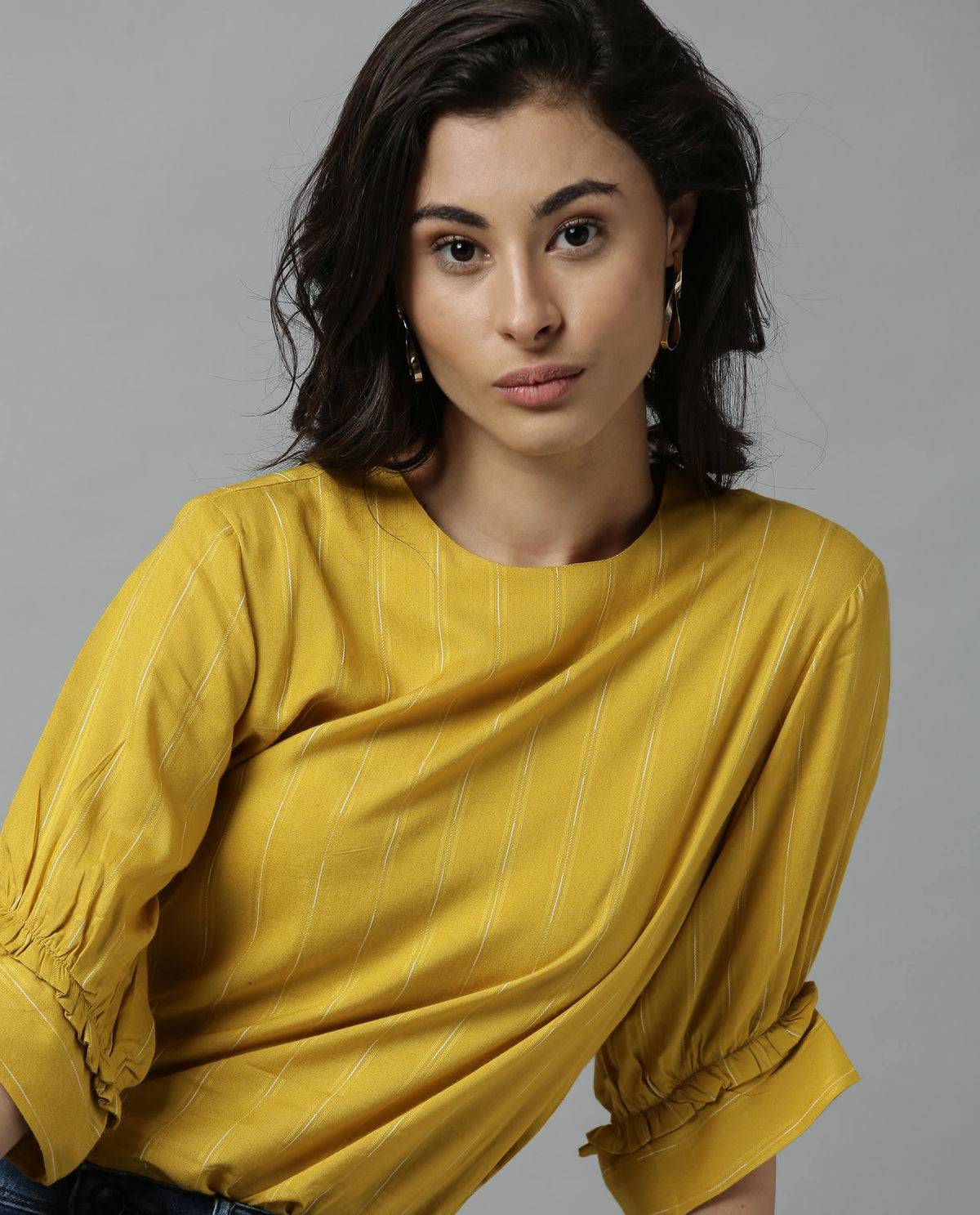 Rareism Women Mend Yellow Top Short Sleeves Stripe
