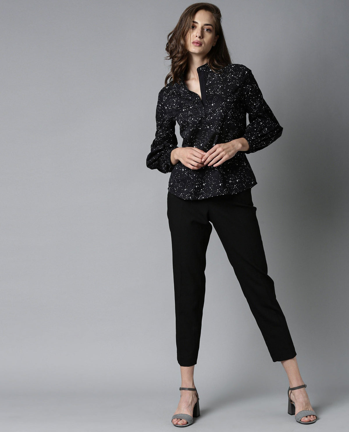 Rareism Women Fog Black Top Cotton Fabric Full Sleeves Crew Neck Print