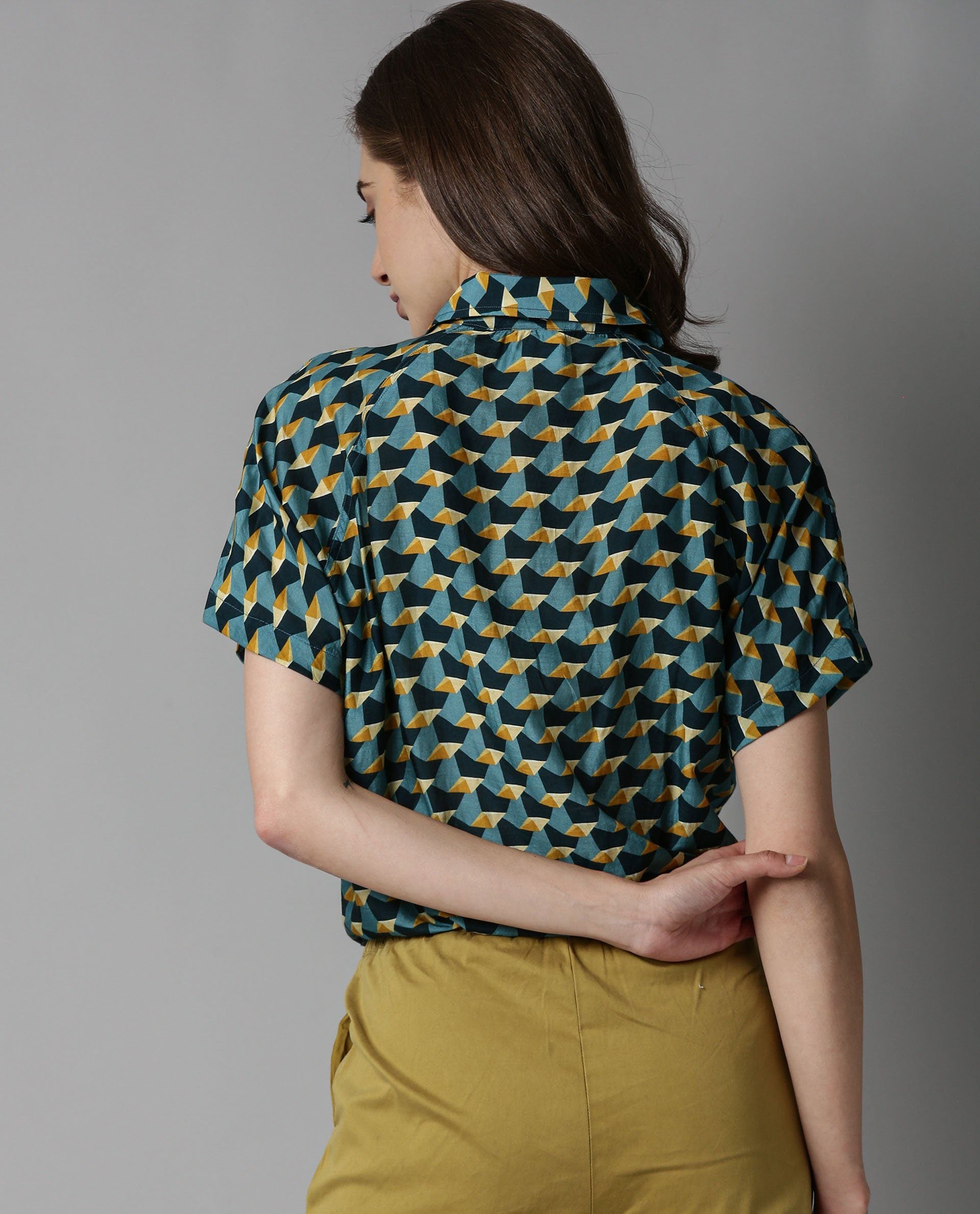 Rareism Women Biza Blue Top Short Sleeves Printed