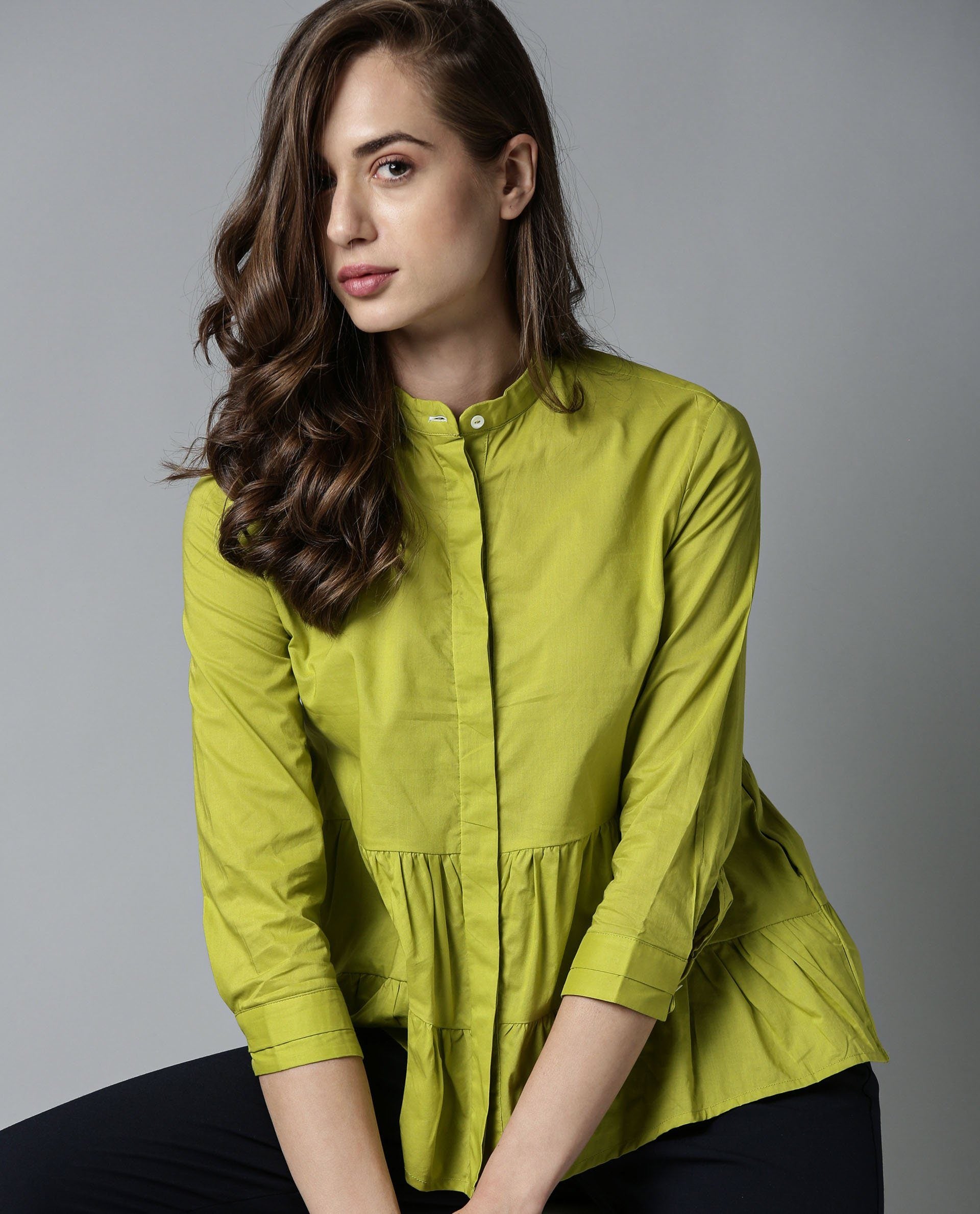 Rareism Women Voka Green Top Full Sleeves Solid
