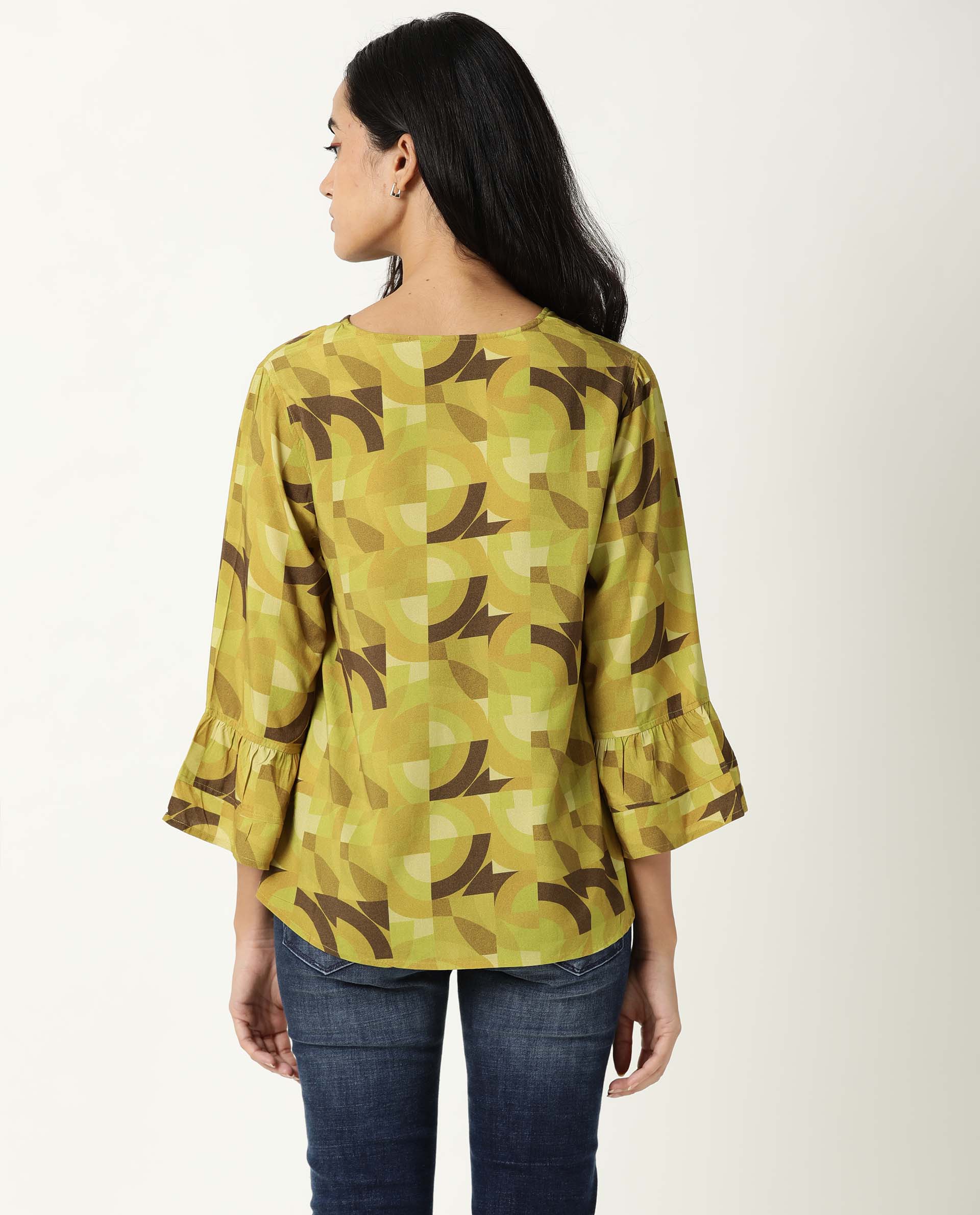 Rareism Womens Flex Green Top Regular Fit Balloon Sleeve V Neck