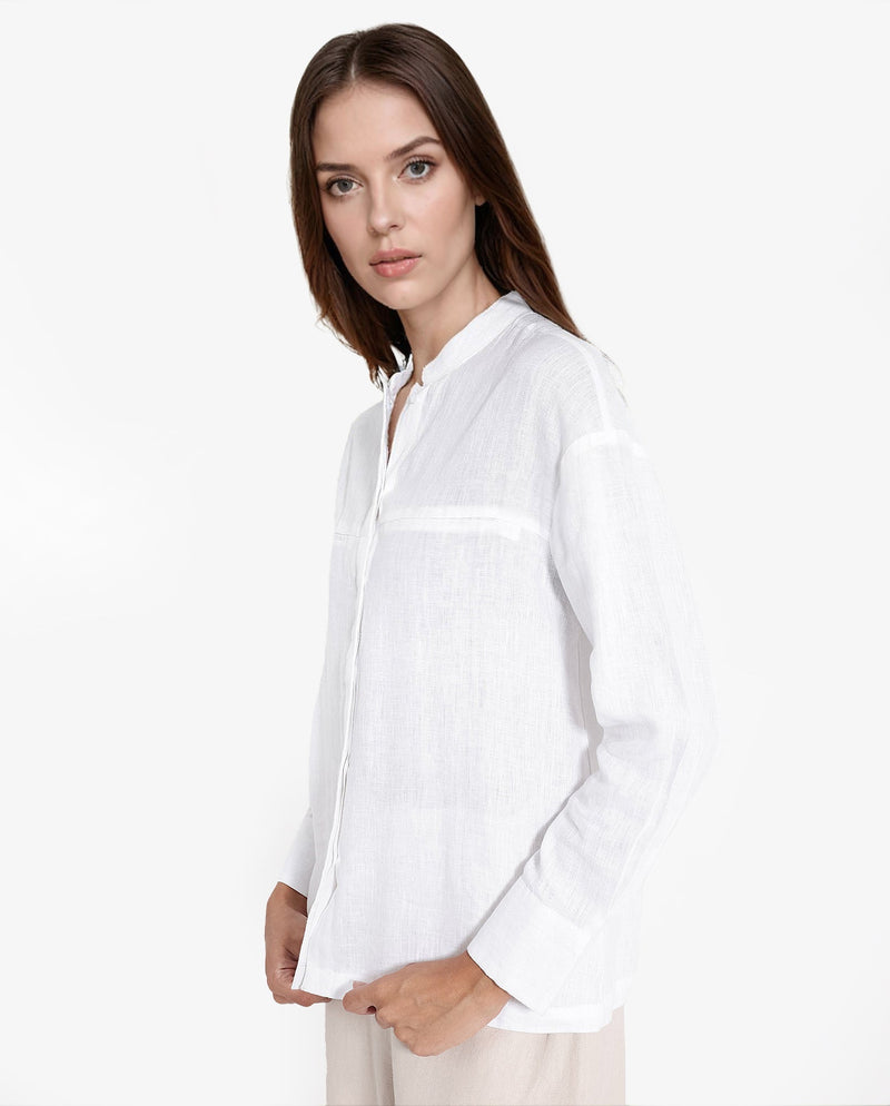 Rareism Women Aruba White Cotton Linen Fabric Collared Neck Solid Regular Fit Shirt