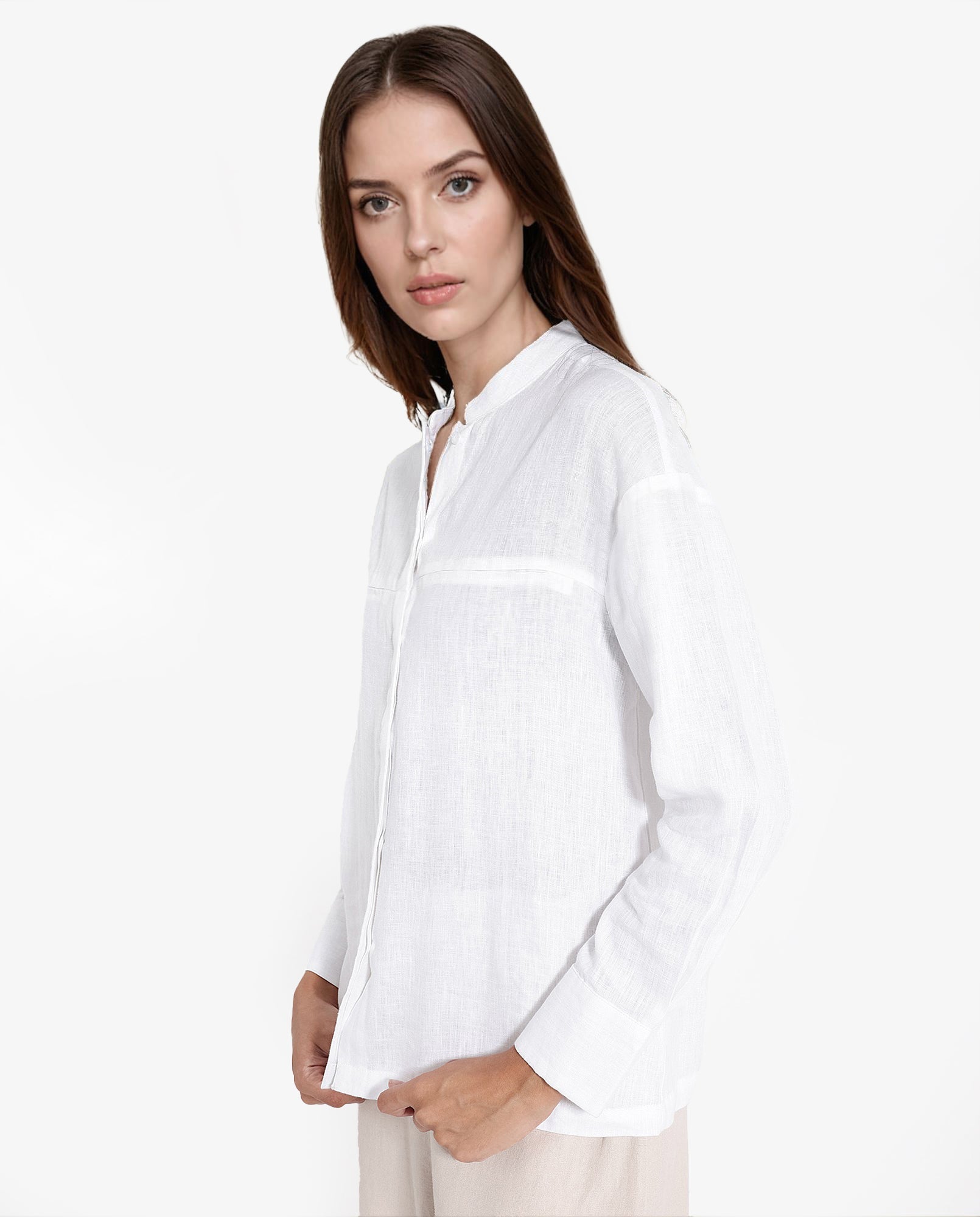 Rareism Women's Aruba White Cotton Linen Drop Collar Plain Cuffed Sleeve Regular Fit Shirt