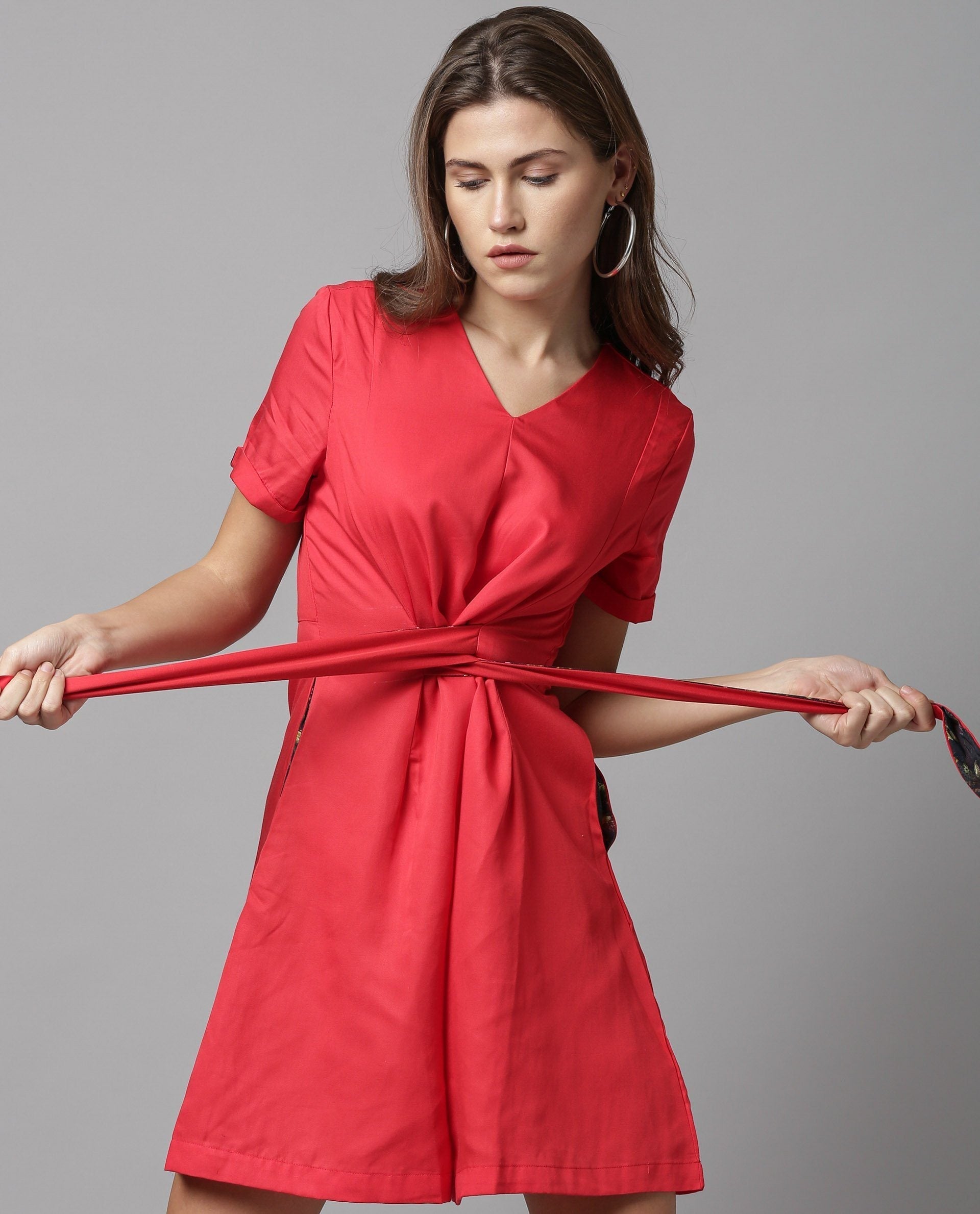 Rareism Women Apt Red Jumpsuit Short Sleeves