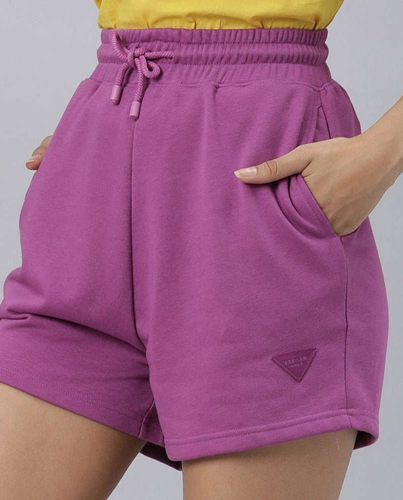 Rareism Women Spence-1 Purple Poly Cotton Fabric Regular Fit Solid Mid Rise Shorts