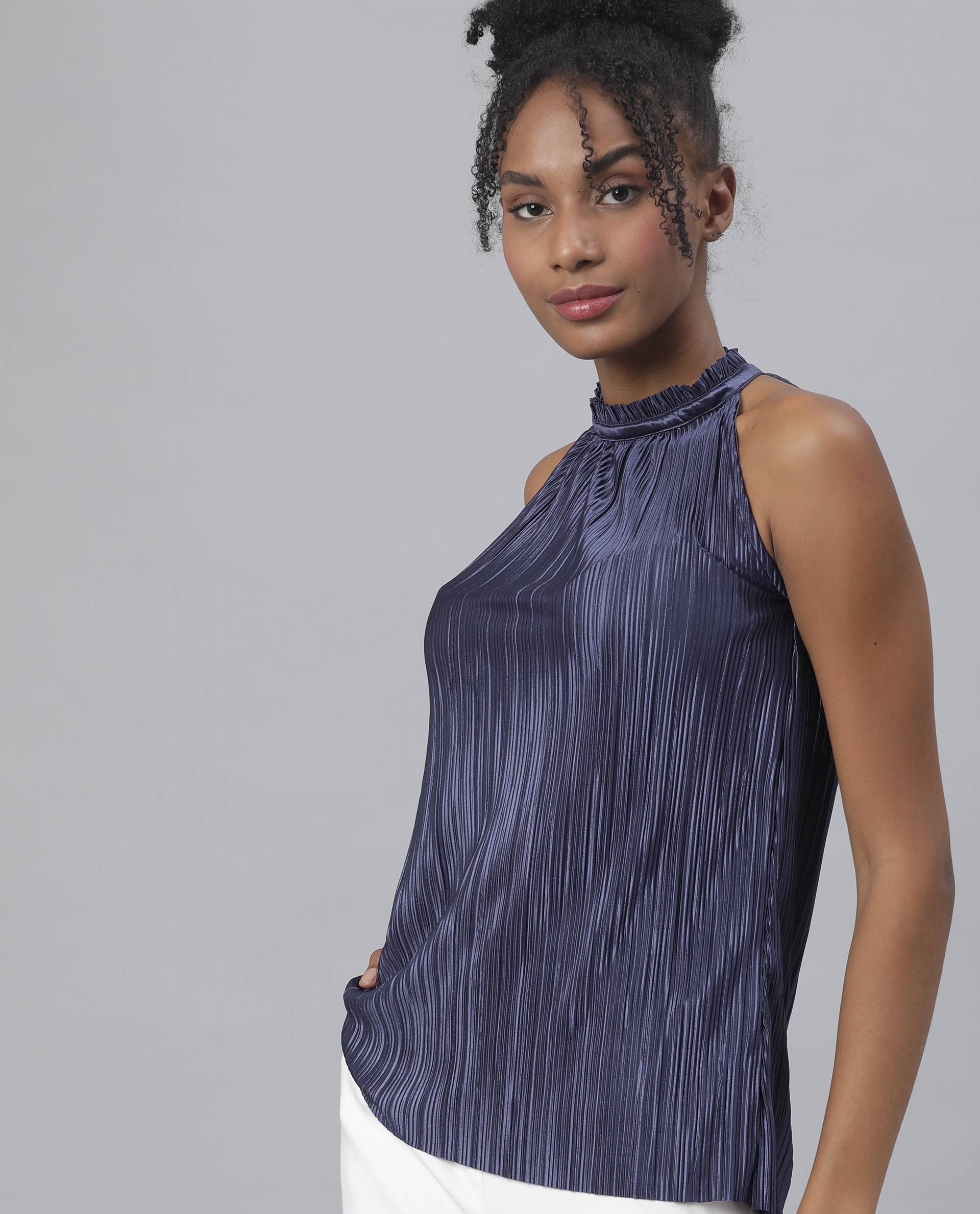 Rareism Womens Navy Sleeveless Halter Neck Top - Aahva