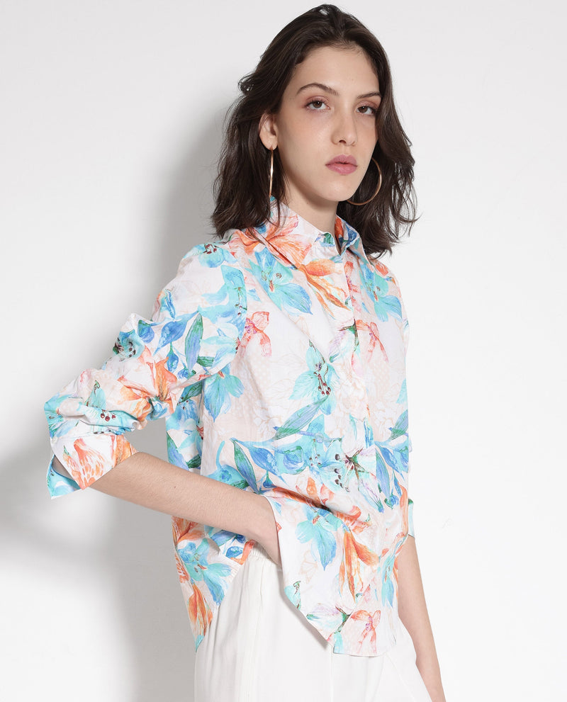 Rareism Women Abbi Off White Cuffed Sleeve Collared Collar Button Relaxed Fit Floral Print Top