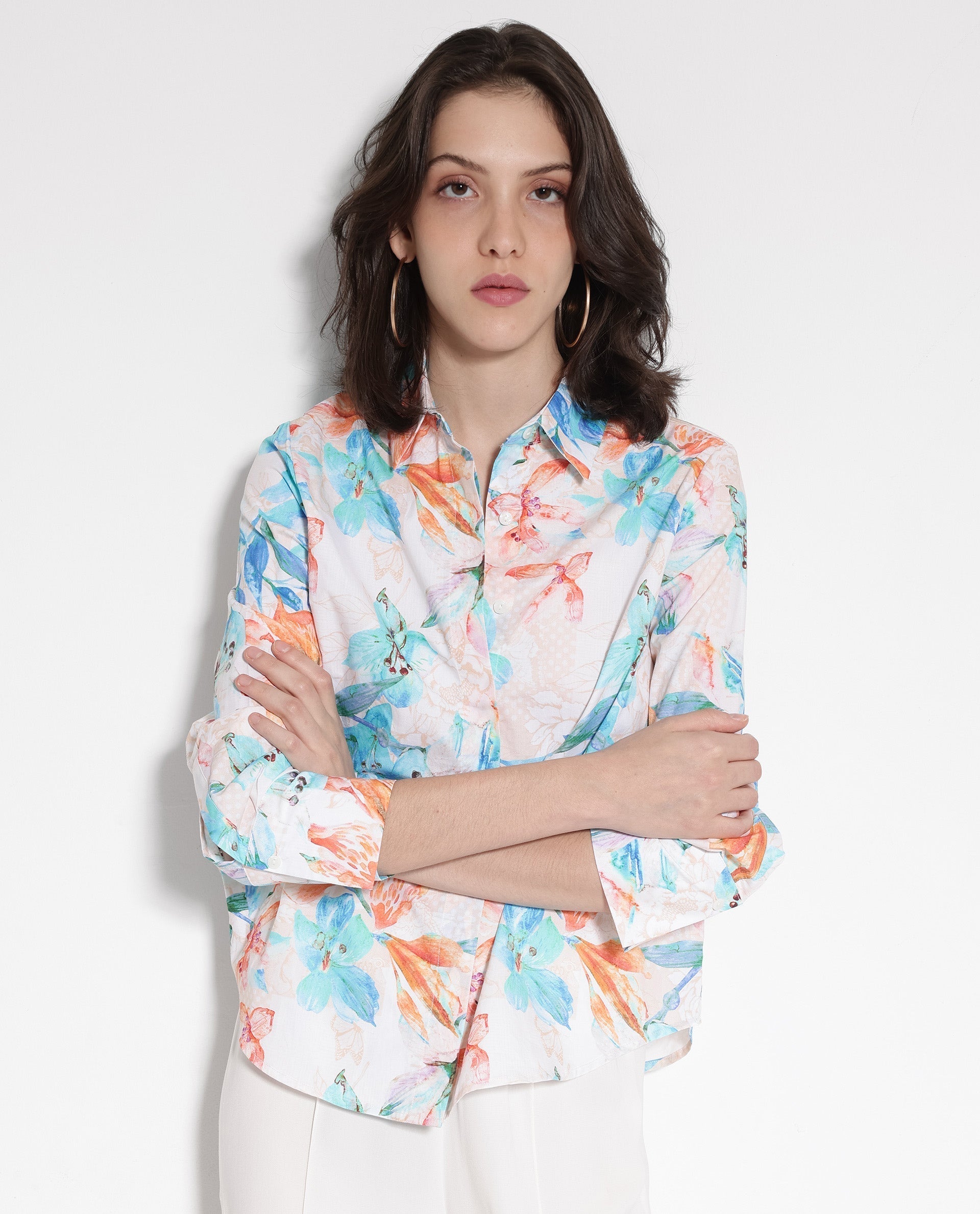 Rareism Women's Abbi Off White Cotton Spread Collar Floral Print Cuffed Sleeve Relaxed Fit Top