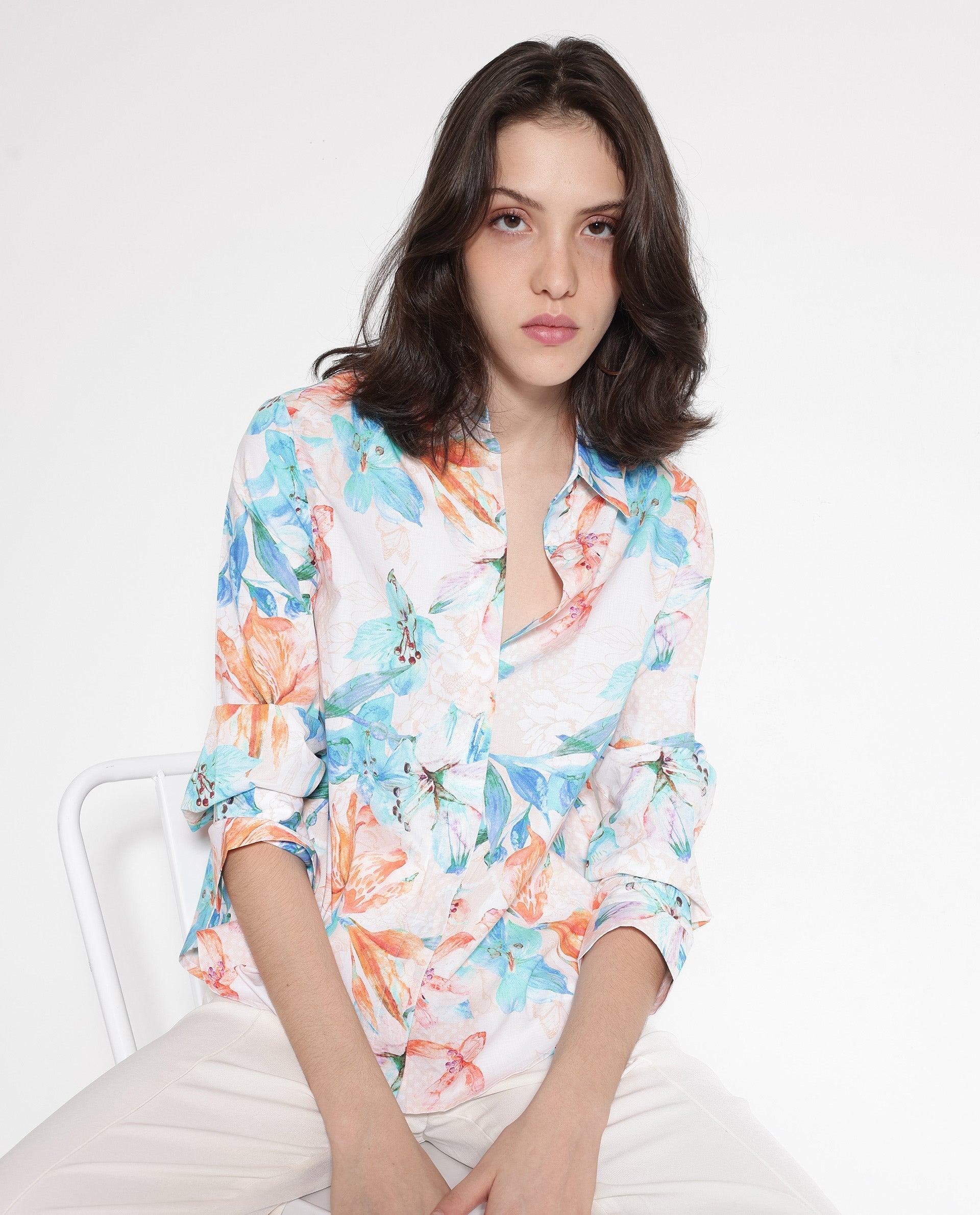 Rareism Women's Abbi Off White Cotton Spread Collar Floral Print Cuffed Sleeve Relaxed Fit Top