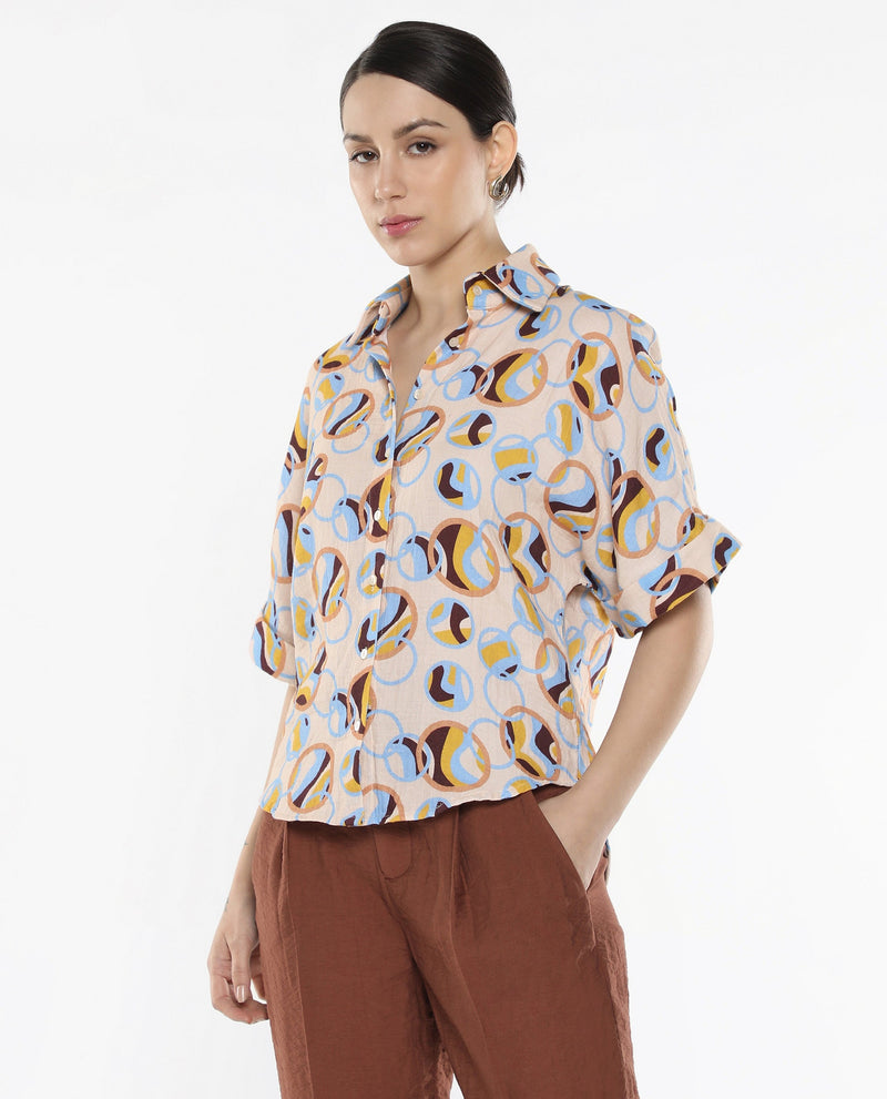 Rareism Women Abuto-T Light Multi Short Sleeve Collared Neck Button Closure Abstract Print Shirt