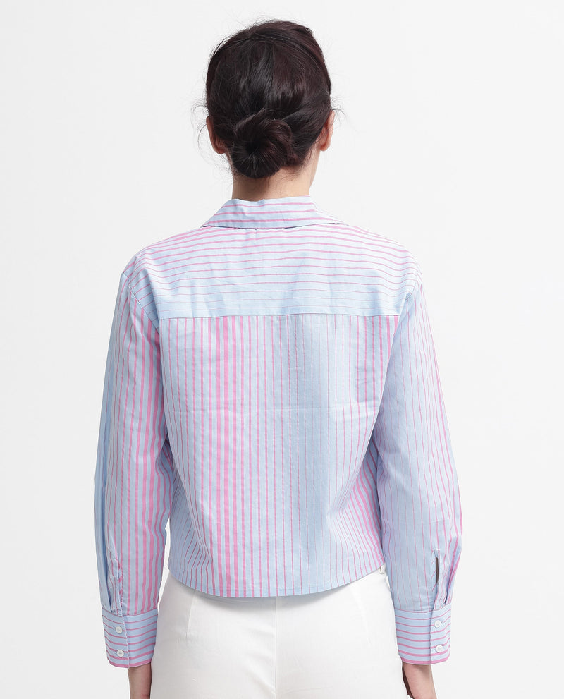 Rareism Women Abylay Light Purple Cotton Fabric Full Sleeve Collared Neck Button Closure Stripe Cropped Fit Shirt