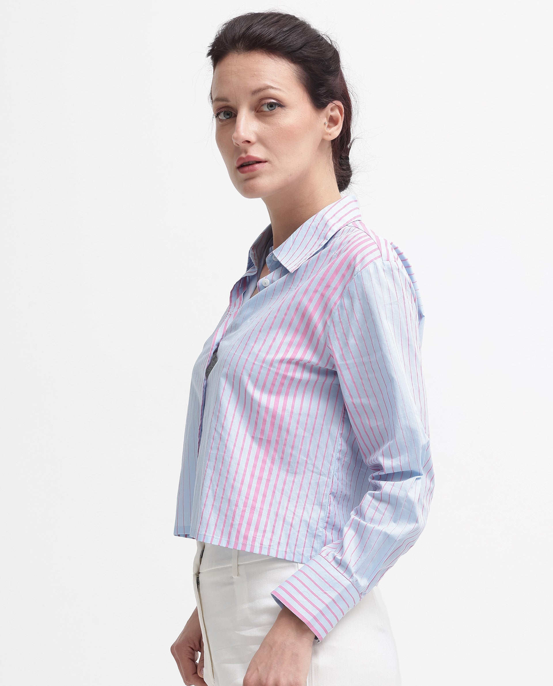Rareism Women's Abylay Light Purple Drop Collar Striped Cuffed Sleeve Regular Fit Top