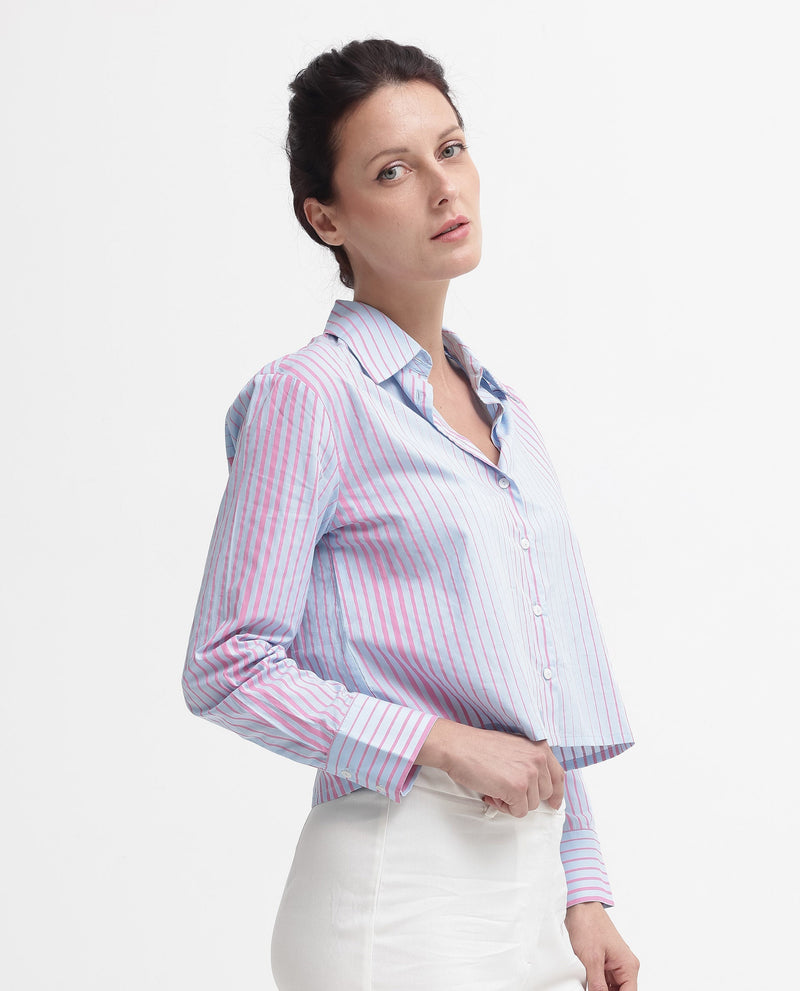 Rareism Women Abylay Light Purple Cotton Fabric Full Sleeve Collared Neck Button Closure Stripe Cropped Fit Shirt