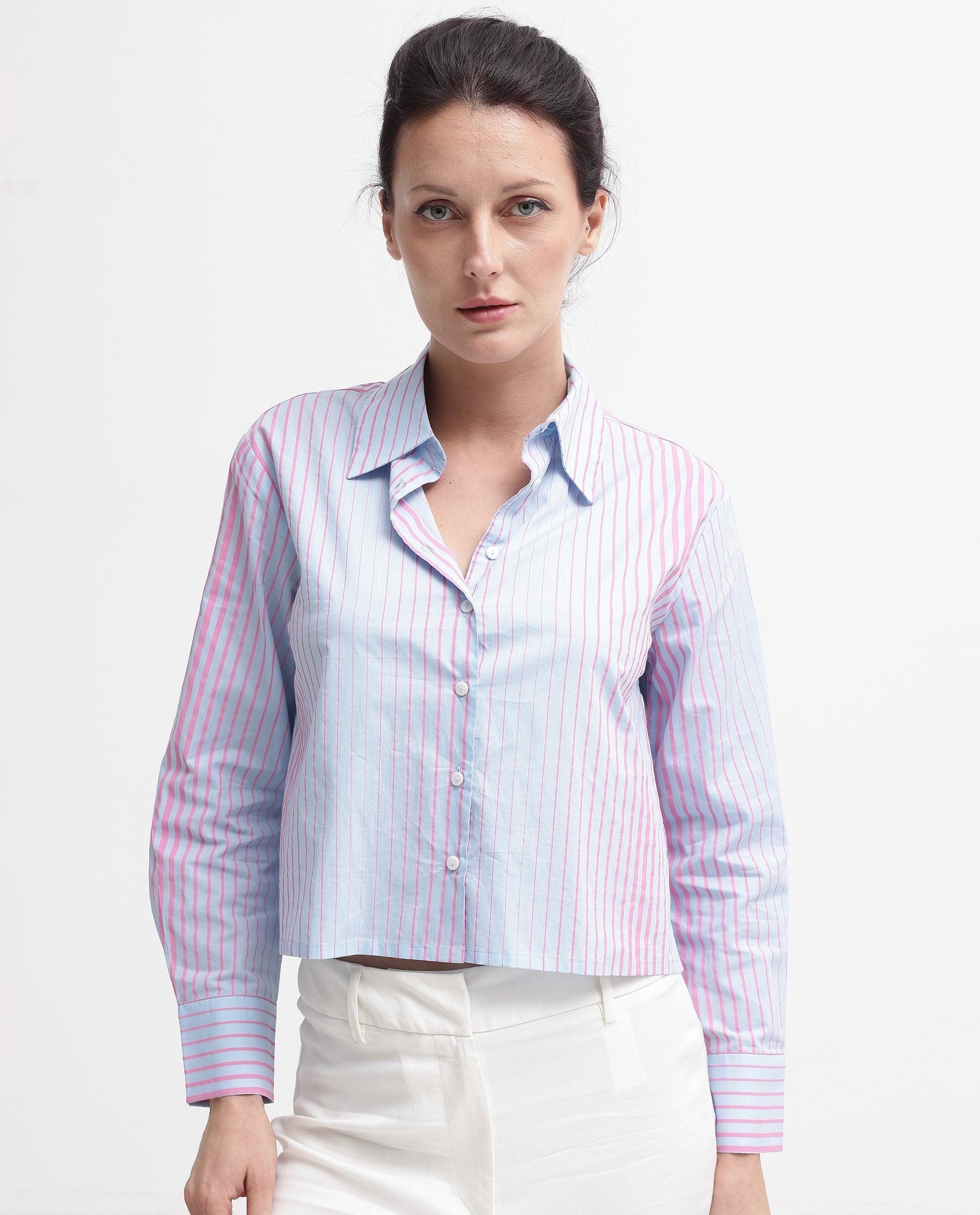 Rareism Women's Abylay Light Purple Drop Collar Striped Cuffed Sleeve Regular Fit Top