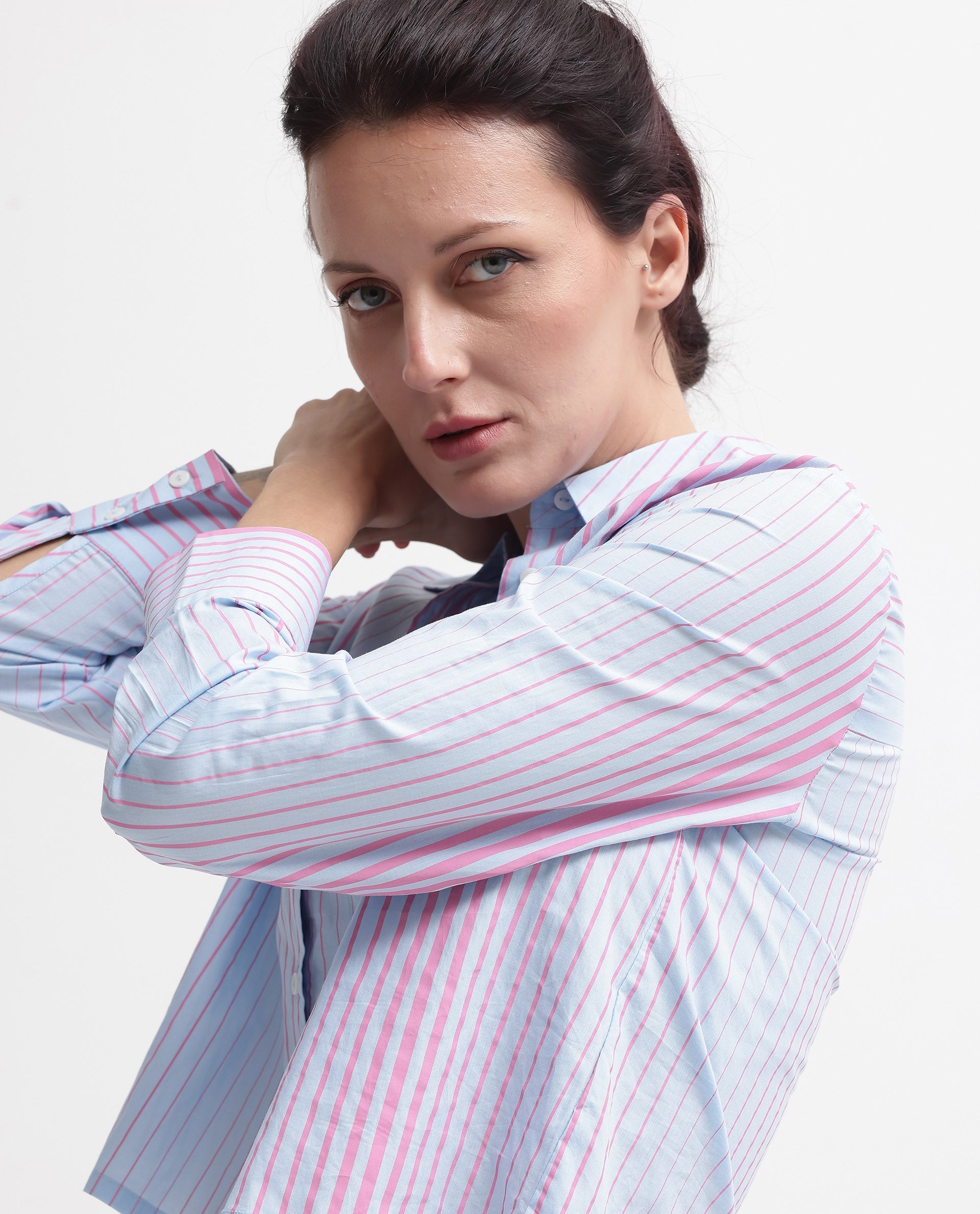 Rareism Women's Abylay Light Purple Drop Collar Striped Cuffed Sleeve Regular Fit Top