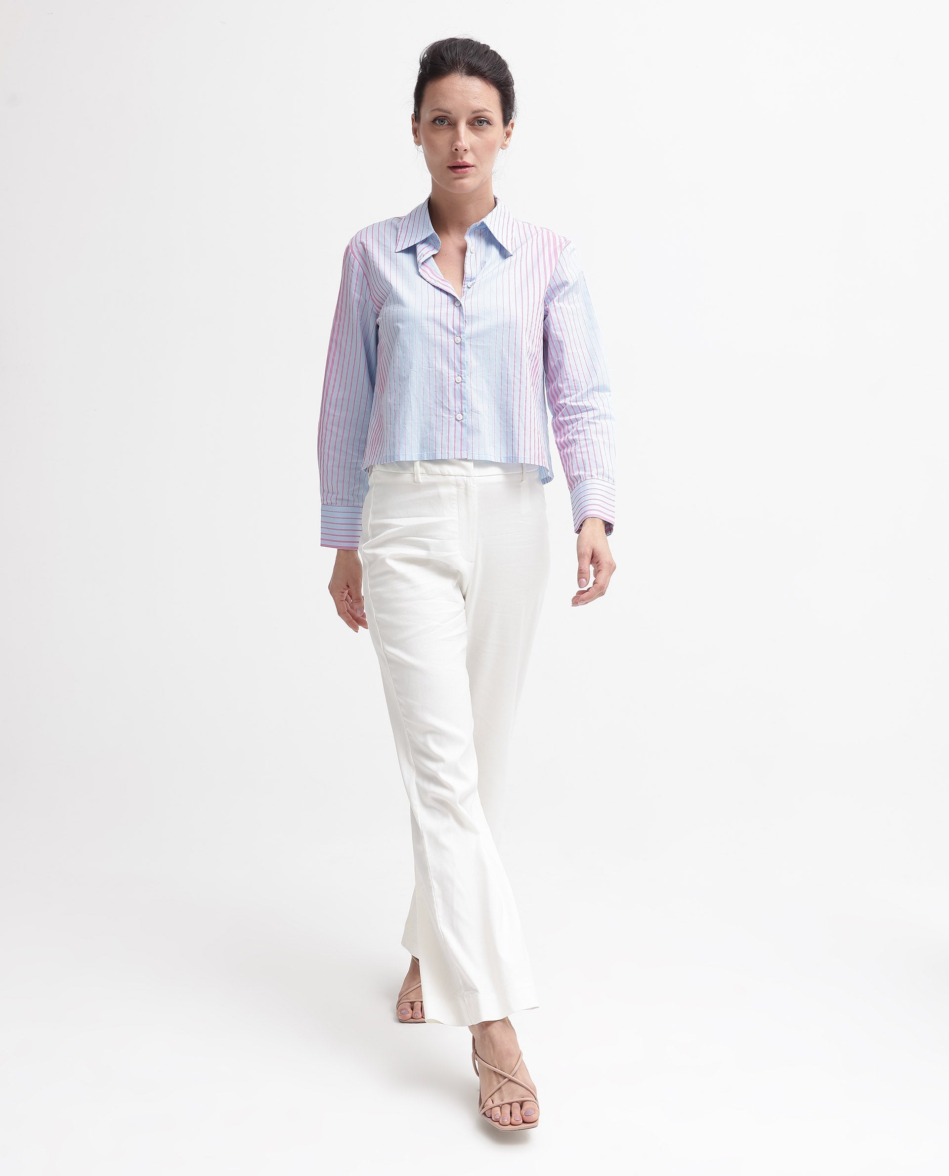 Rareism Women's Abylay Light Purple Drop Collar Striped Cuffed Sleeve Regular Fit Top