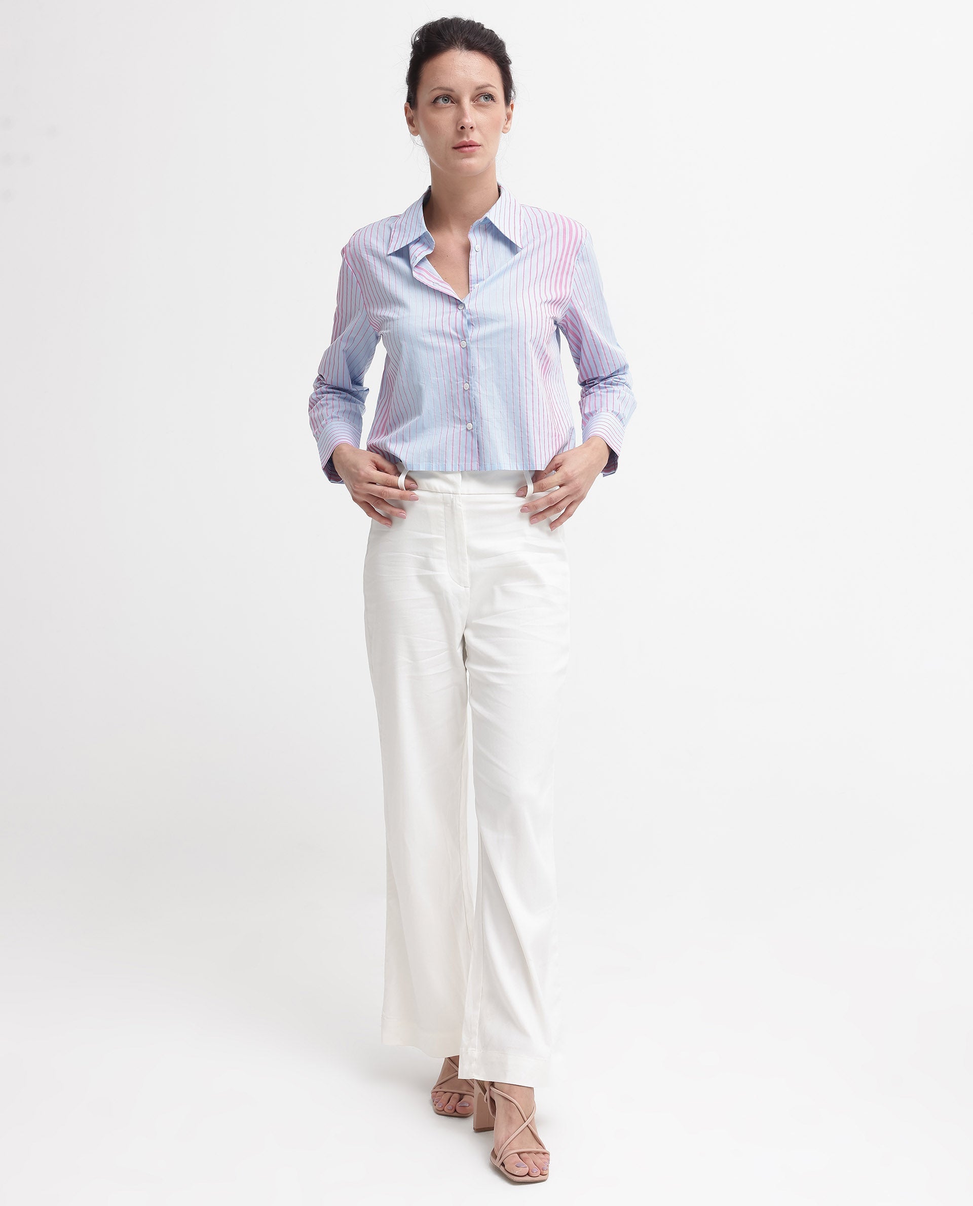 Rareism Women's Abylay Light Purple Drop Collar Striped Cuffed Sleeve Regular Fit Top