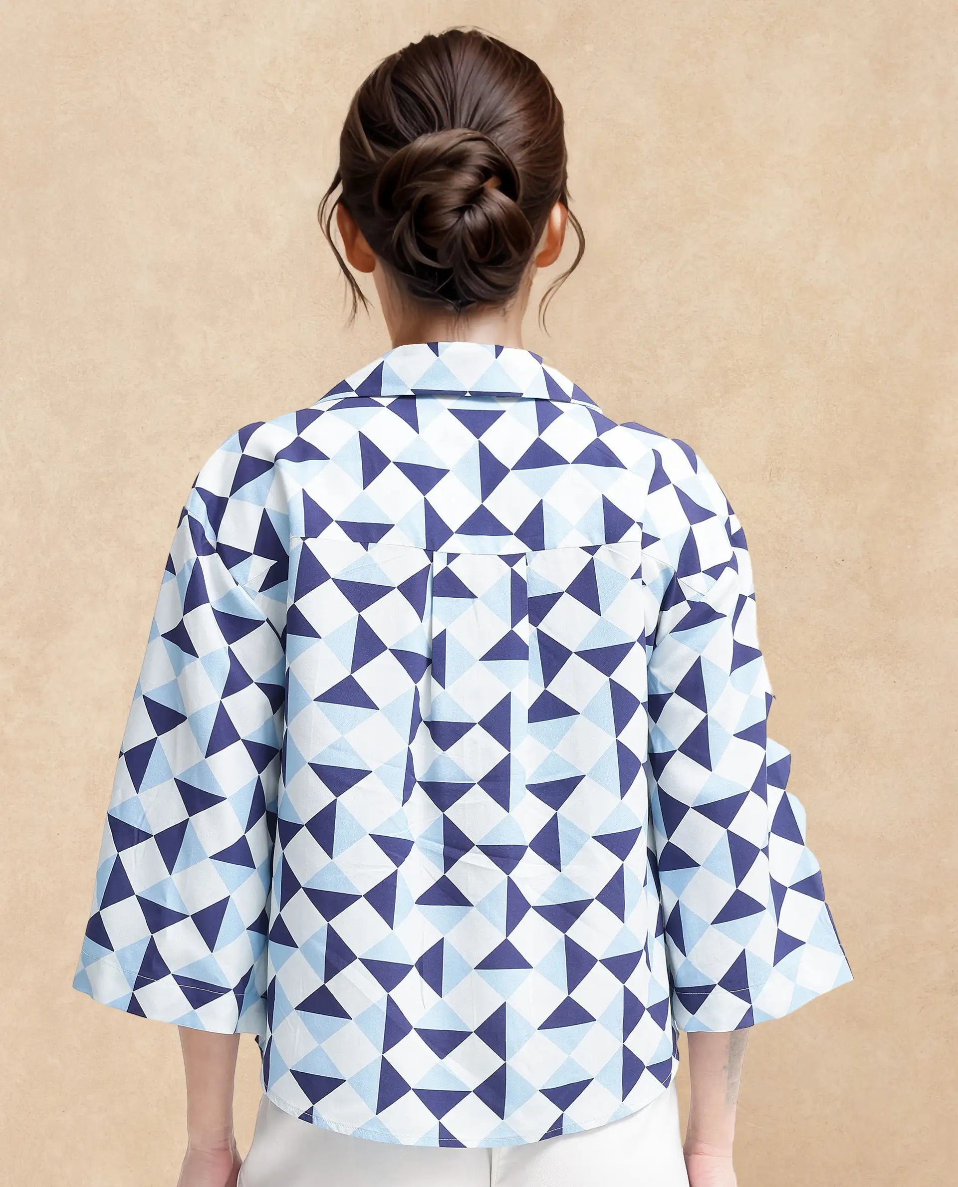 Rareism Women's Acerra Blue Viscose Blend Drop Collar Geometric Print Regular Fit Shirt