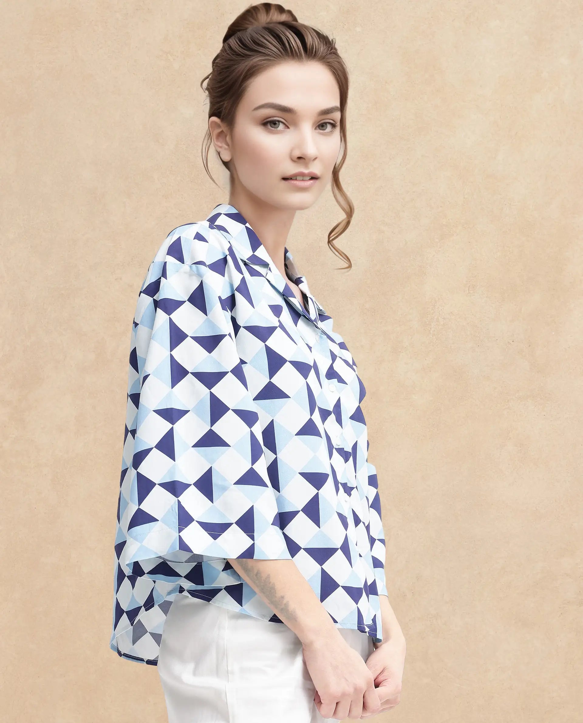 Rareism Women's Acerra Blue Viscose Blend Drop Collar Geometric Print Regular Fit Shirt