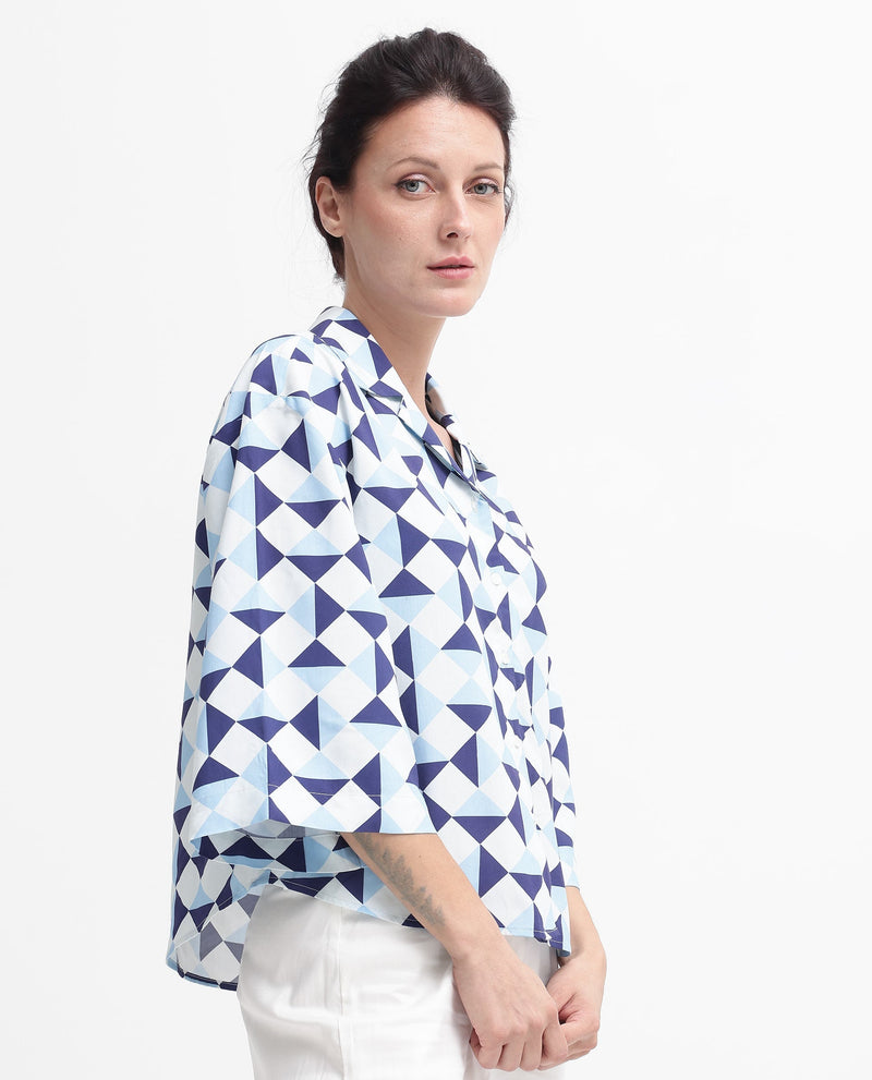 Rareism Women Acerra Blue 3/4Th Sleeve Collared Neck Button Closure Geometric Print Shirt